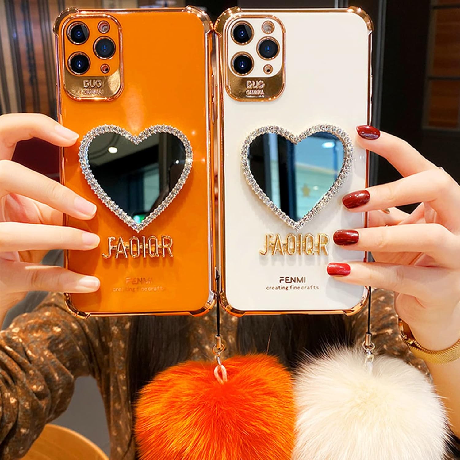 Anloes Funda para teléfono con espejo de maquillaje, lujosa funda con marco en forma de corazón, bonita funda protectora brillante para iPhone