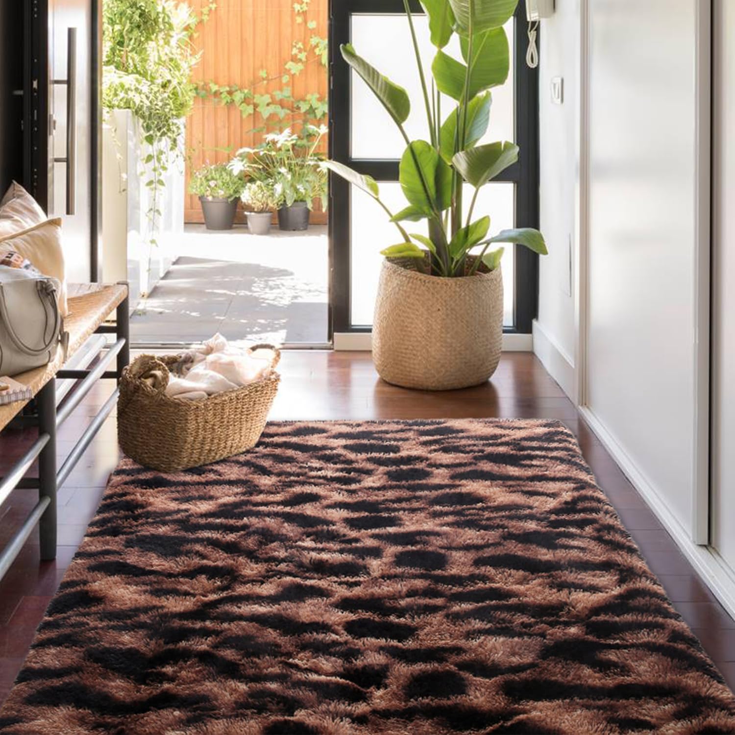 Alfombra de leopardo esponjosa de 3 x 5 pies para sala de estar, dormitorio, alfombra de área con teñido anudado marrón y negro de 3 x 5 pies,