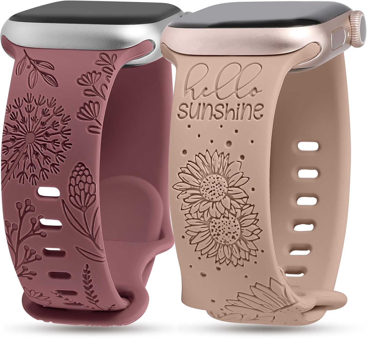 Minyee Paquete de 2 correas con grabado floral compatibles con correas de Apple Watch de 1.614 in, 1.575 in, 1.496 in, 1.732 in, 1.772 in, 1.654 in,
