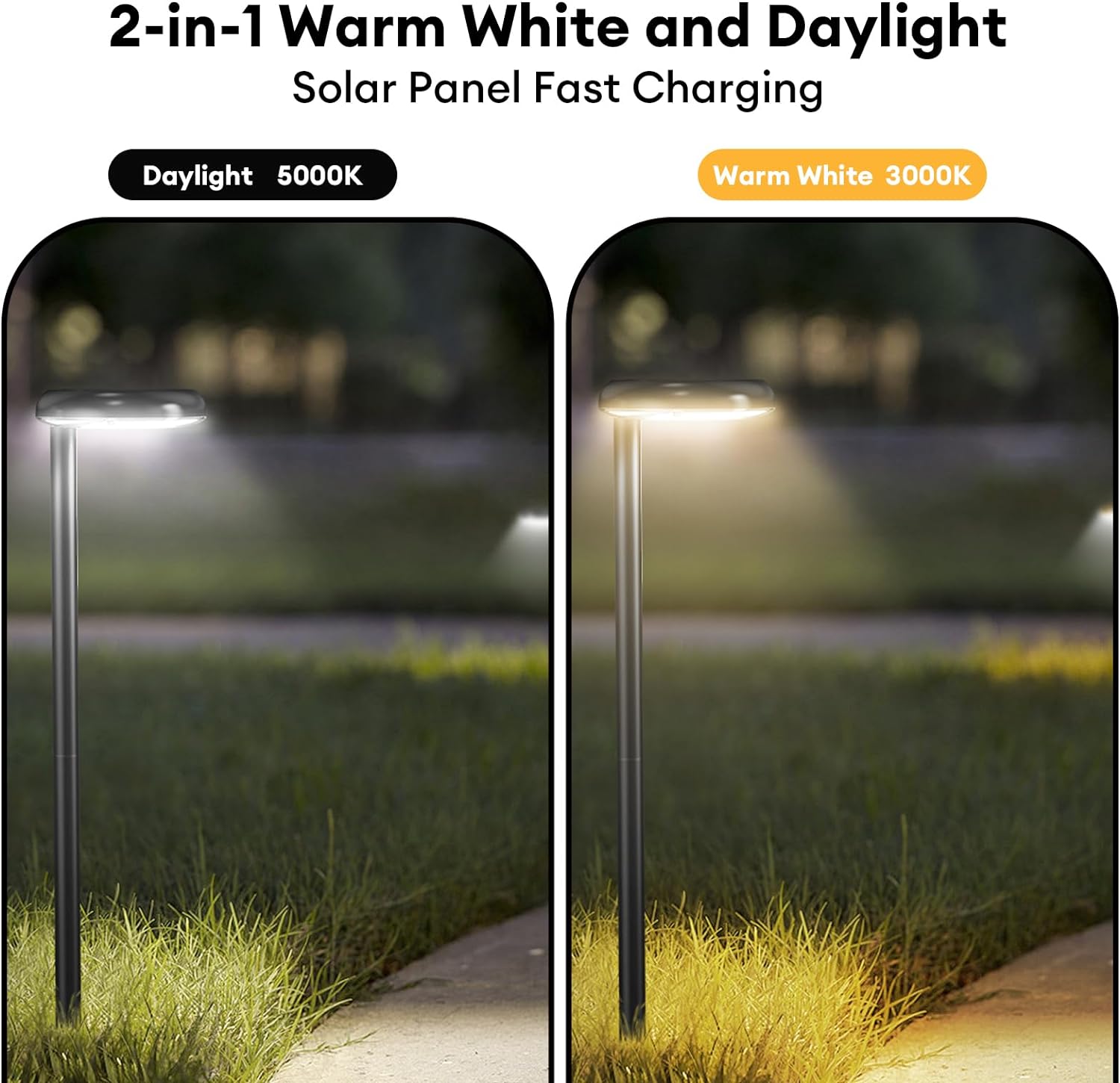 Luces solares para camino superbrillantes de 300 lúmenes con 2 en 1 blanco cálido y color de luz diurna, luces solares para camino, acera, entrada,
