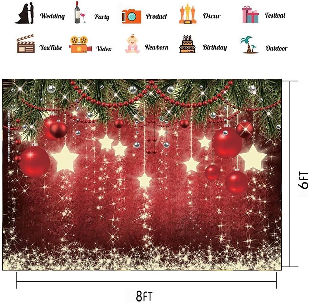 CHAIYA Telón de fondo rojo de Navidad de 8 x 6 pies con estrellas brillantes para fotografía, estrellas brillantes, fondo de Navidad para niños,