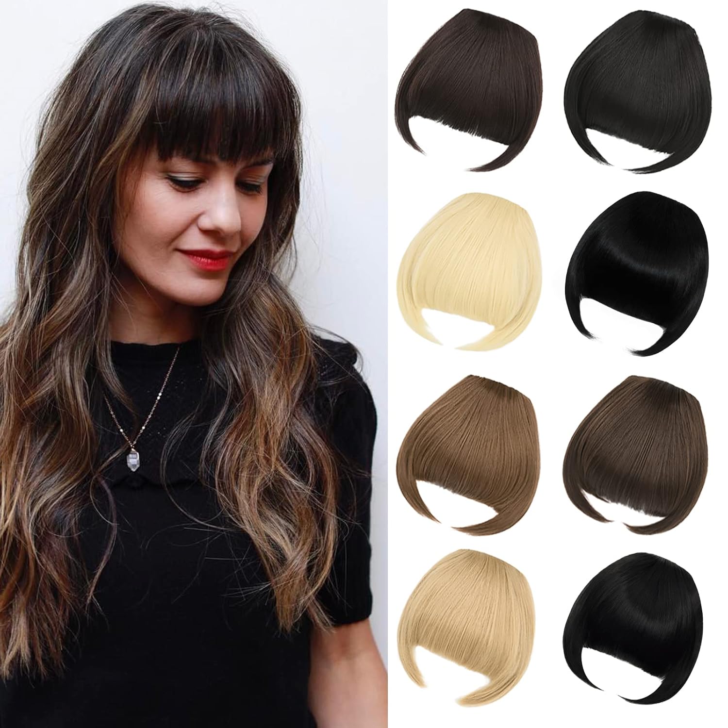 EMERLILY Extensiones de cabello con clip, de cara frontal plana, flequillo, con sienes, piezas de pelo sintético para mujer