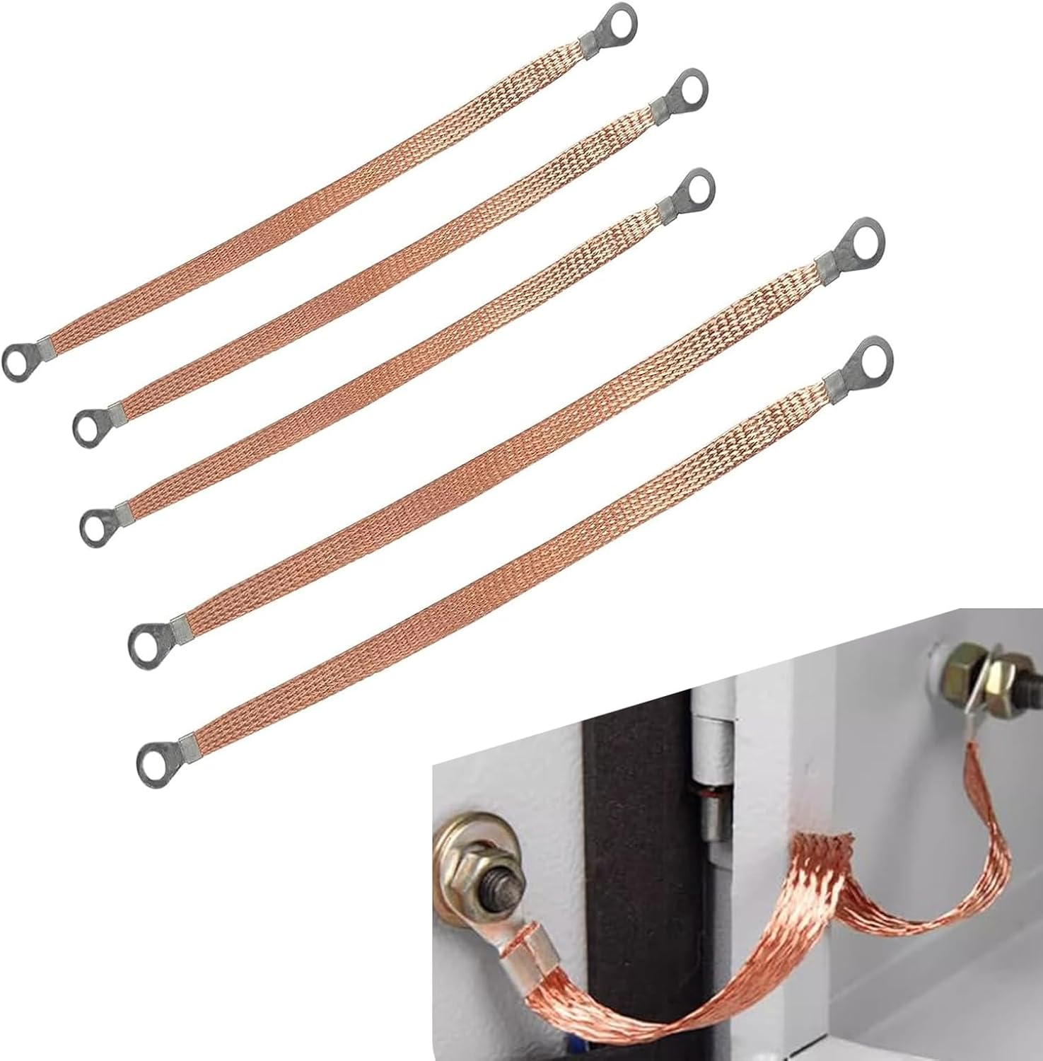 Pack-5 Car Engine Grounding Strap, 3 Pcs 9.8″ + 2 Pcs 12.9″ Flexible Copper Braided Multi-purpose Grounding Cable Strap, Bridge Cable Distribution