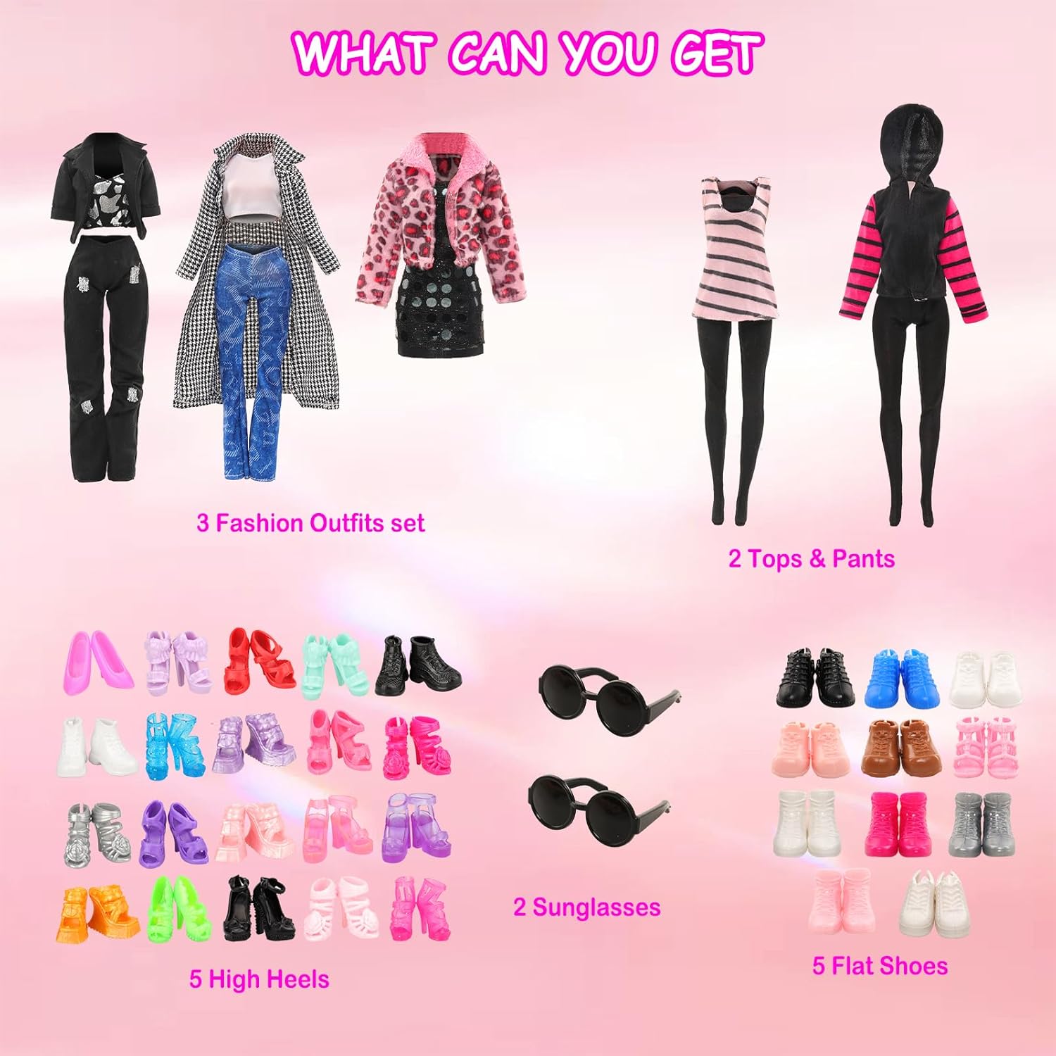 ENOCHT 5 juegos de ropa de muñeca incluye chaquetas, ropa casual, tops y pantalones, 2 gafas, 5 tenis, 5 zapatos para muñecas de 11.5 pulgadas, ropa