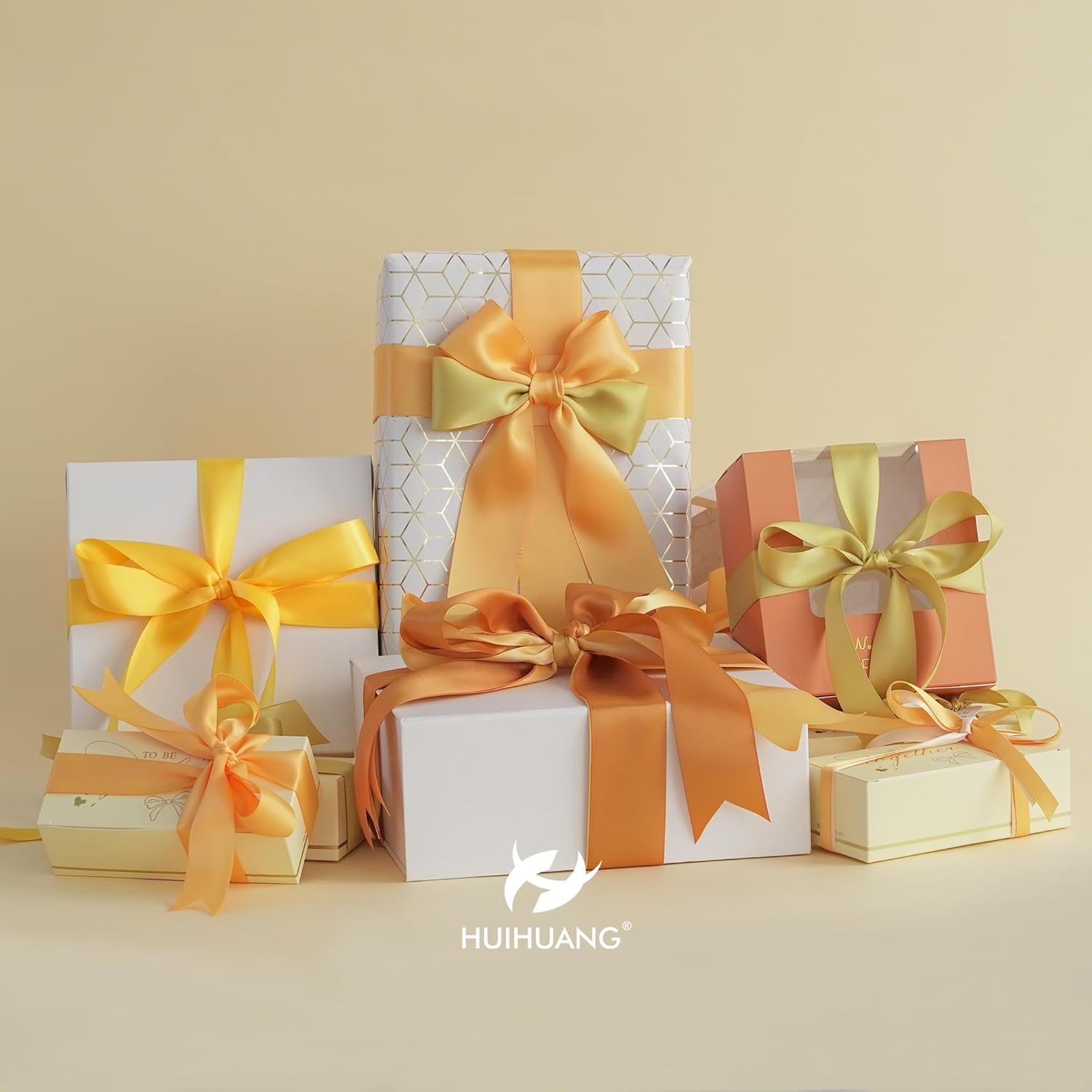 HUIHUANG Cinta dorada para envolver regalos, cinta de satén surtida de 1 pulgada para ramo de flores, manualidades, fabricación de lazos, decoración