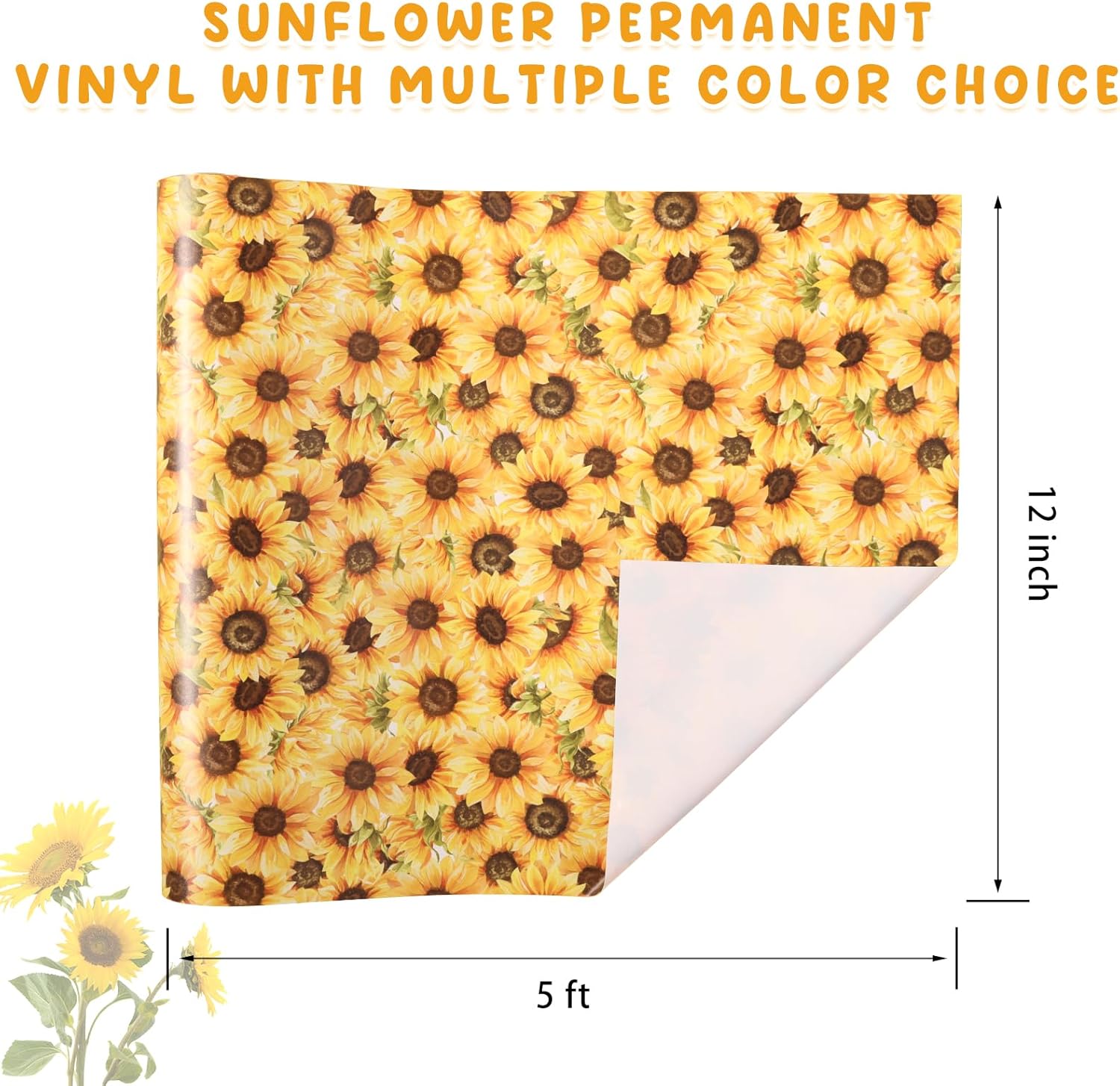 Tintnut Rollo de vinilo permanente de girasol, 12 pulgadas x 5 pies, hojas de vinilo adhesivas sin costuras con patrón floral amarillo de verano
