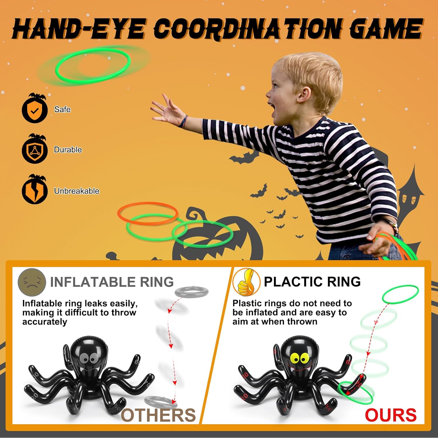 Narremcoy Halloween Inflatable Ring Toss Game with Score Sign – Premium Witch Hat Spiders Ring Toss Game for Halloween Indoor Outdoor Garden School