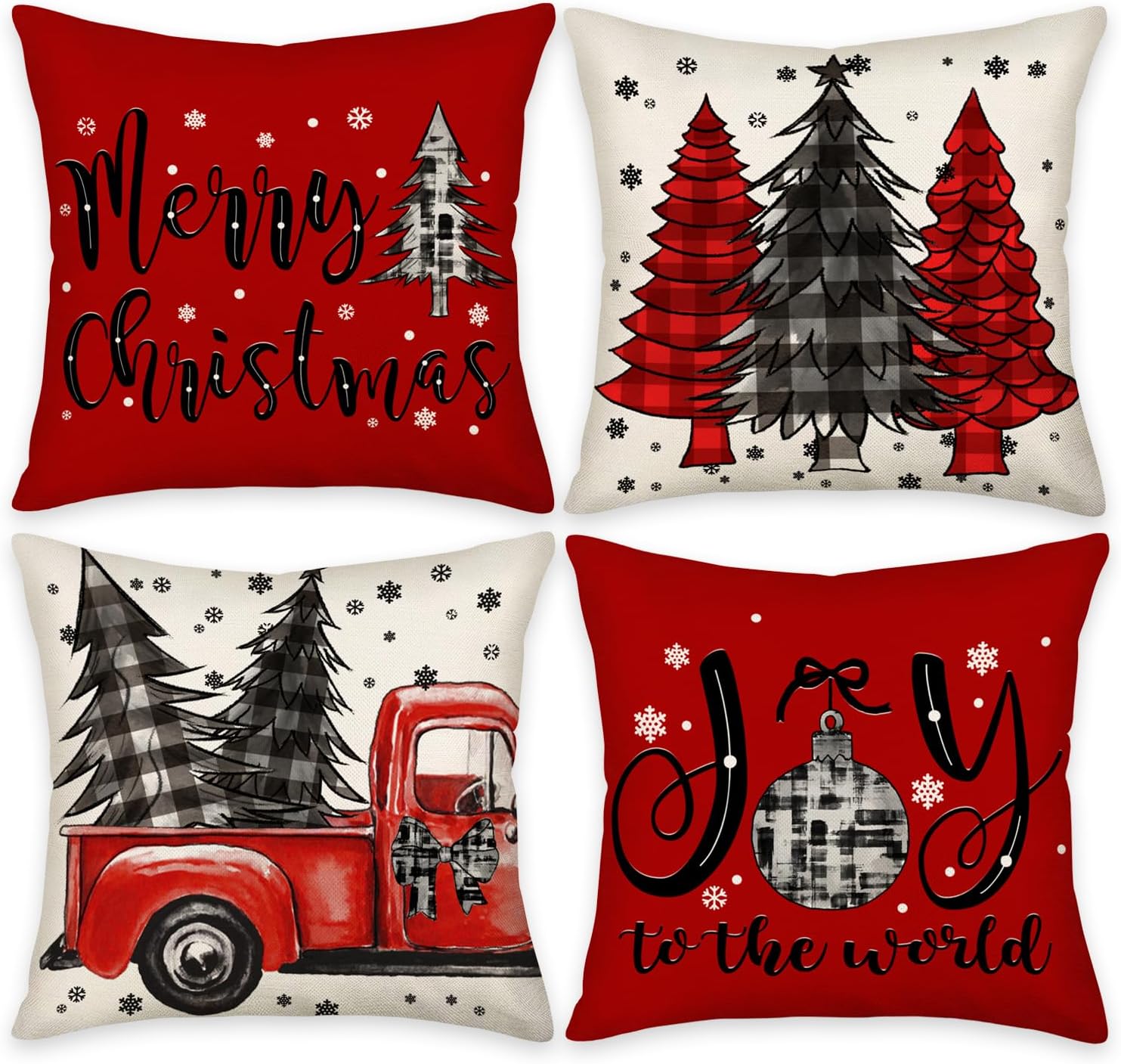 Juego de 4 fundas de almohada navideñas de 20 x 20 pulgadas, diseño de búfalo a cuadros de pino de Navidad, camión, copo de nieve, feliz alegría,