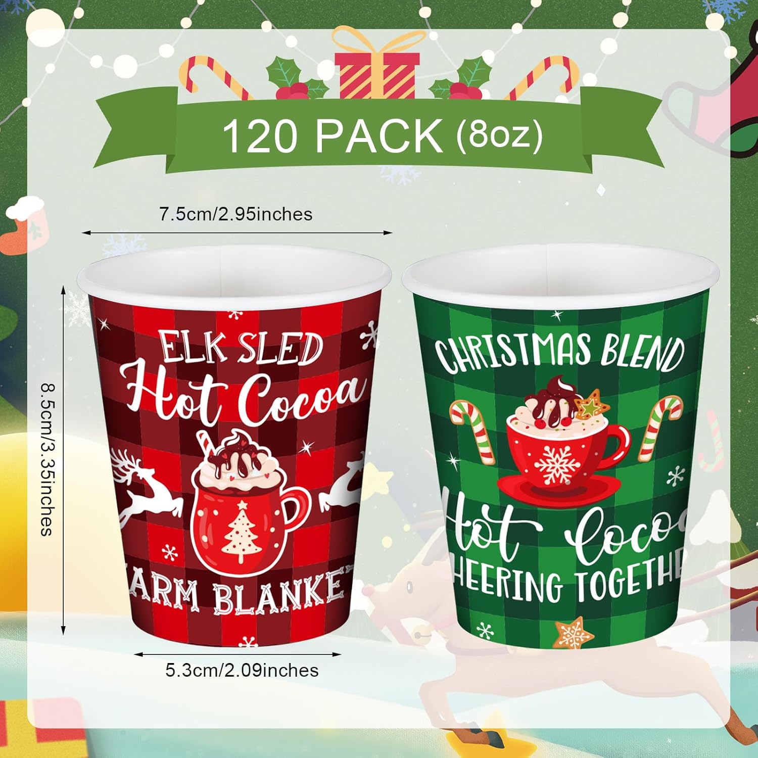 Layhit Vasos de papel de cacao caliente de Navidad, 8 onzas, desechables para bebidas fríascalientes, tazas de chocolate caliente, tazas de café