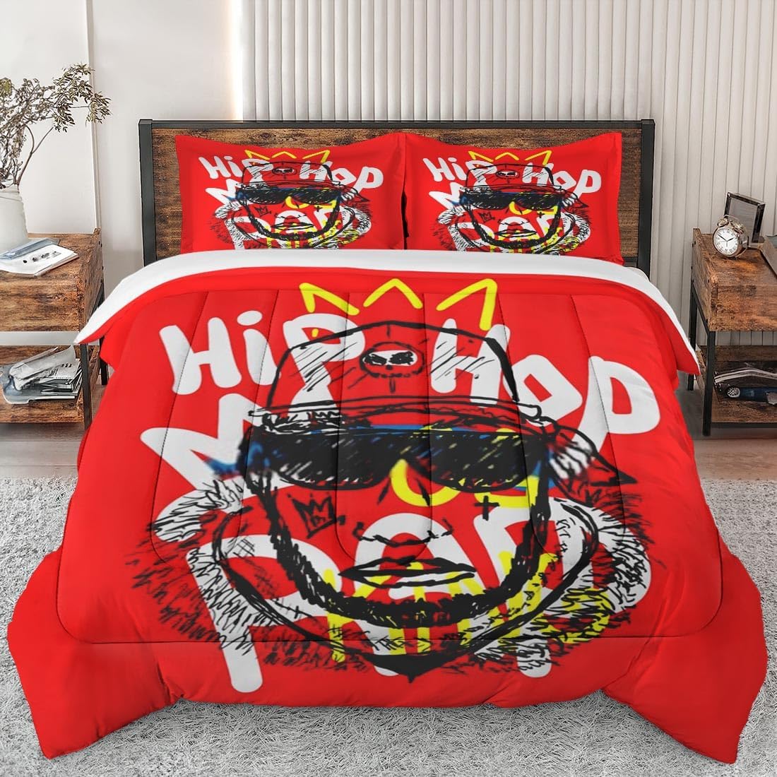 Juego de edredón tamaño Queen, juego de ropa de cama suave de béisbol con música King para niños y adultos, juego de edredón de rap con corona de