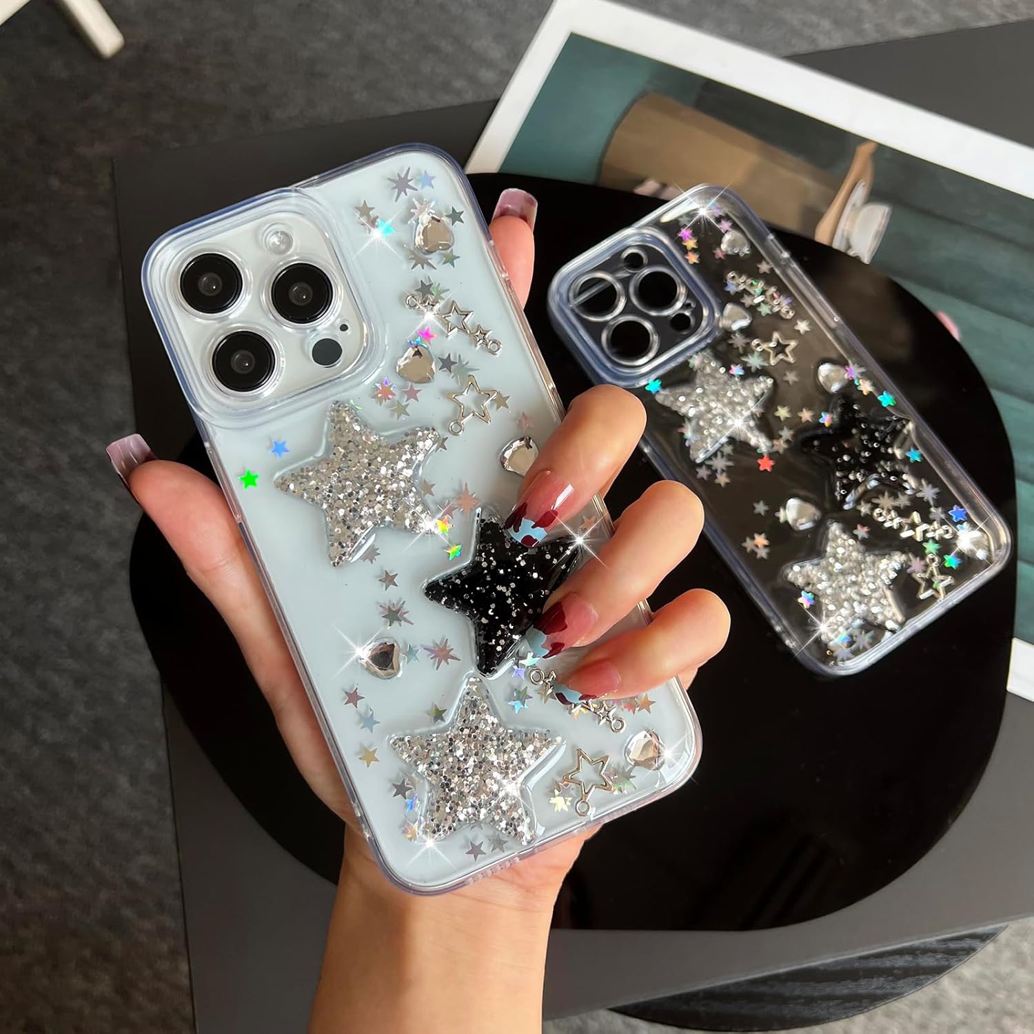 Funda compatible con iPhone 15, diseño de estrellas brillantes con purpurina 3D, bonito diseño de diamantes para niñas y mujeres, funda protectora