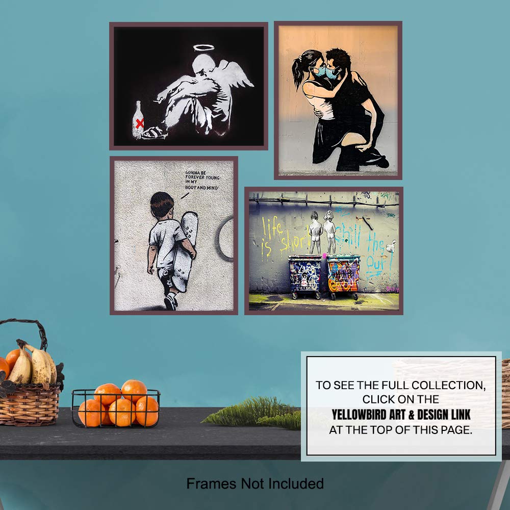 Banksy Posters Set – 8×10 Urban Graffiti Wall Art – Wall Mural Set – Mural Wall Art – Fallen Angel, Forever Young – Teen Room Decor – Dorm Wall