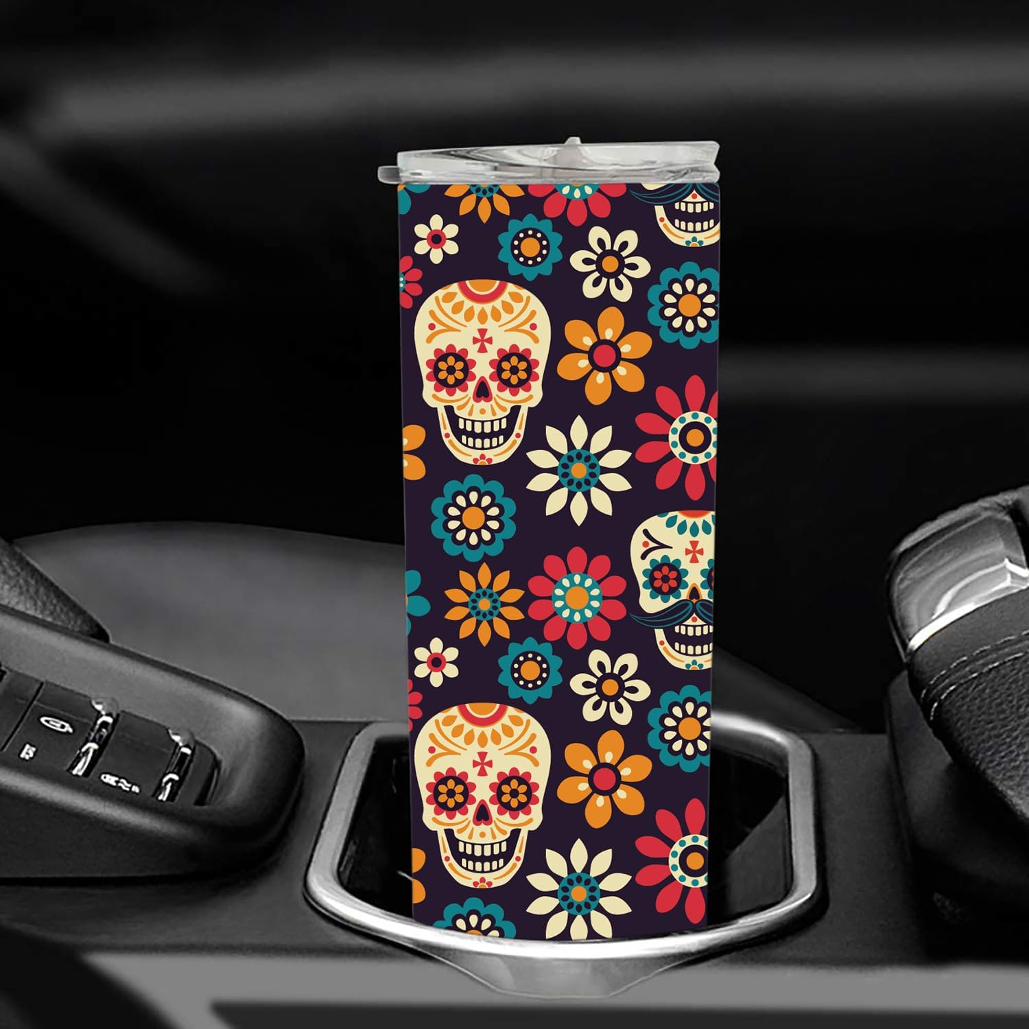 RNFENQS Sugar Skull – Vasos delgados con tapas y pajitas, regalos del Día de los Muertos Mexicanos, vasos de viaje aislados al vacío de acero