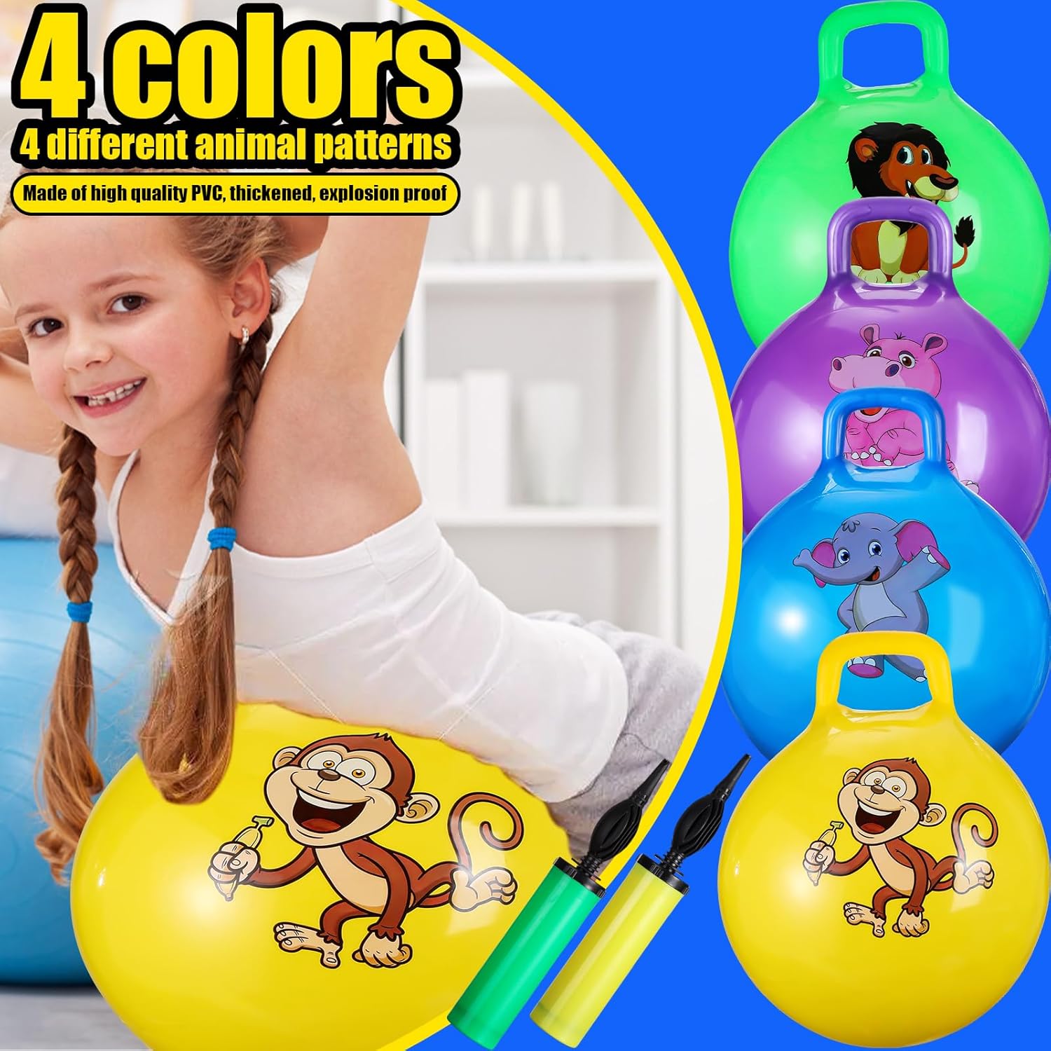 4 pelotas inflables de 18 pulgadas para niños de 3 a 6 años, pelota de tolva con mango y bomba, pelota de rebote de hippity hop con animales de