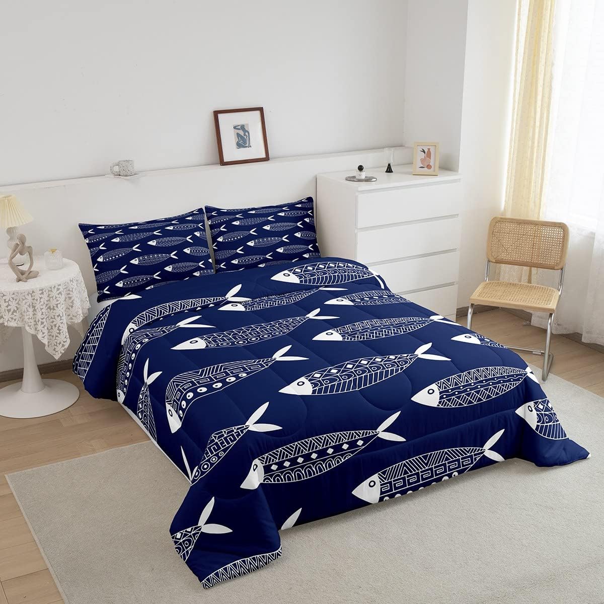 Juego de edredón de peces tamaño King, ropa de cama azteca, ropa de cama tradicional mexicana, maya, étnica, abstracta, océano, geométrico, azul
