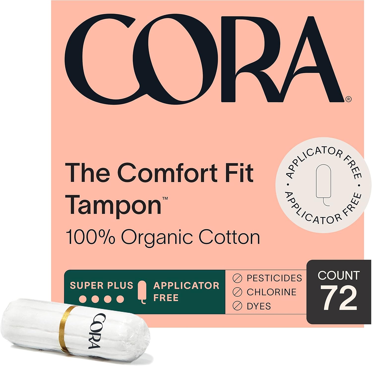 Cora Tampones no aplicadores 100% algodón orgánico  Ultra absorbentes, sin perfume, natural, no tóxico, sin aplicador  Eco-consciente SS+ (72 S