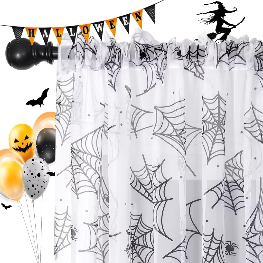 Cortinas de Halloween para sala de estar, cortinas traslúcidas blancas de 84 pulgadas de largo, 2 paneles de decoración de Halloween para el hogar,