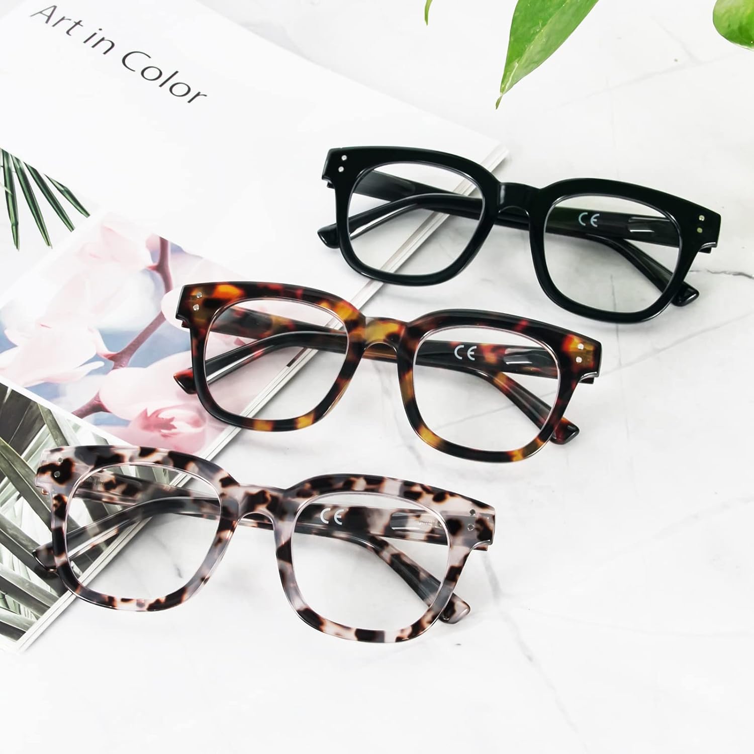 REAVEE Paquete de 3 lentes de lectura retro de gran tamaño para mujer, bloqueo de luz azul, lindos, cuadrados, para lectura de computadora, bisagra