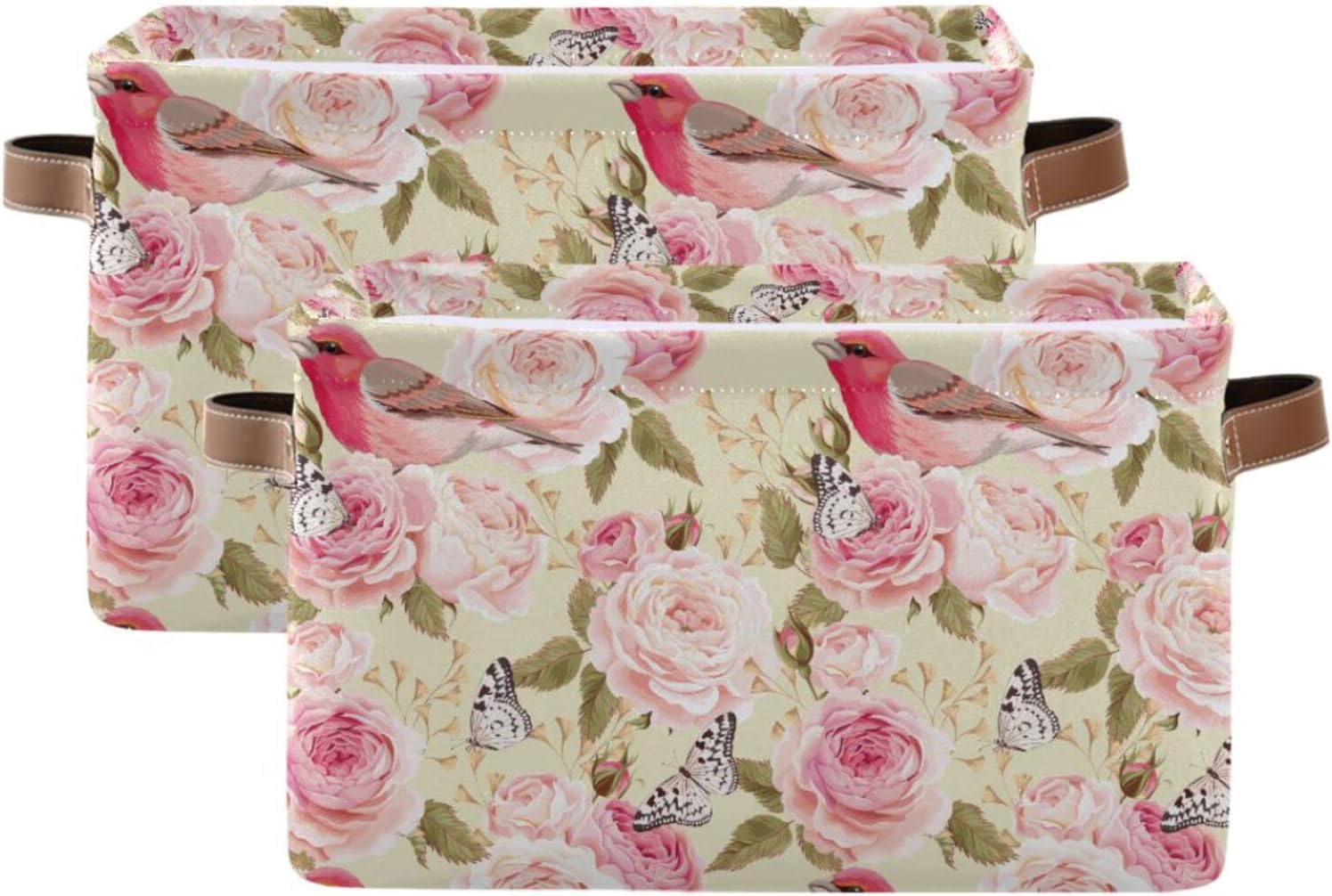 Cesta de almacenamiento con diseño floral de rosas, pájaros y melocotón, canastas plegables e impermeables para estantes con asa resistente para