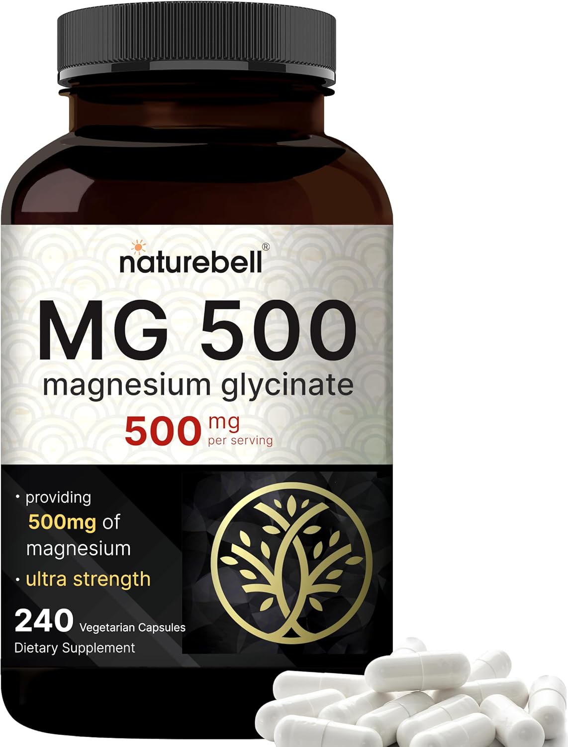 NatureBell Glicinato de magnesio 500 mg por porción  240 cápsulas vegetales, 100% quelado y purificado – Sin OMG y sin gluten