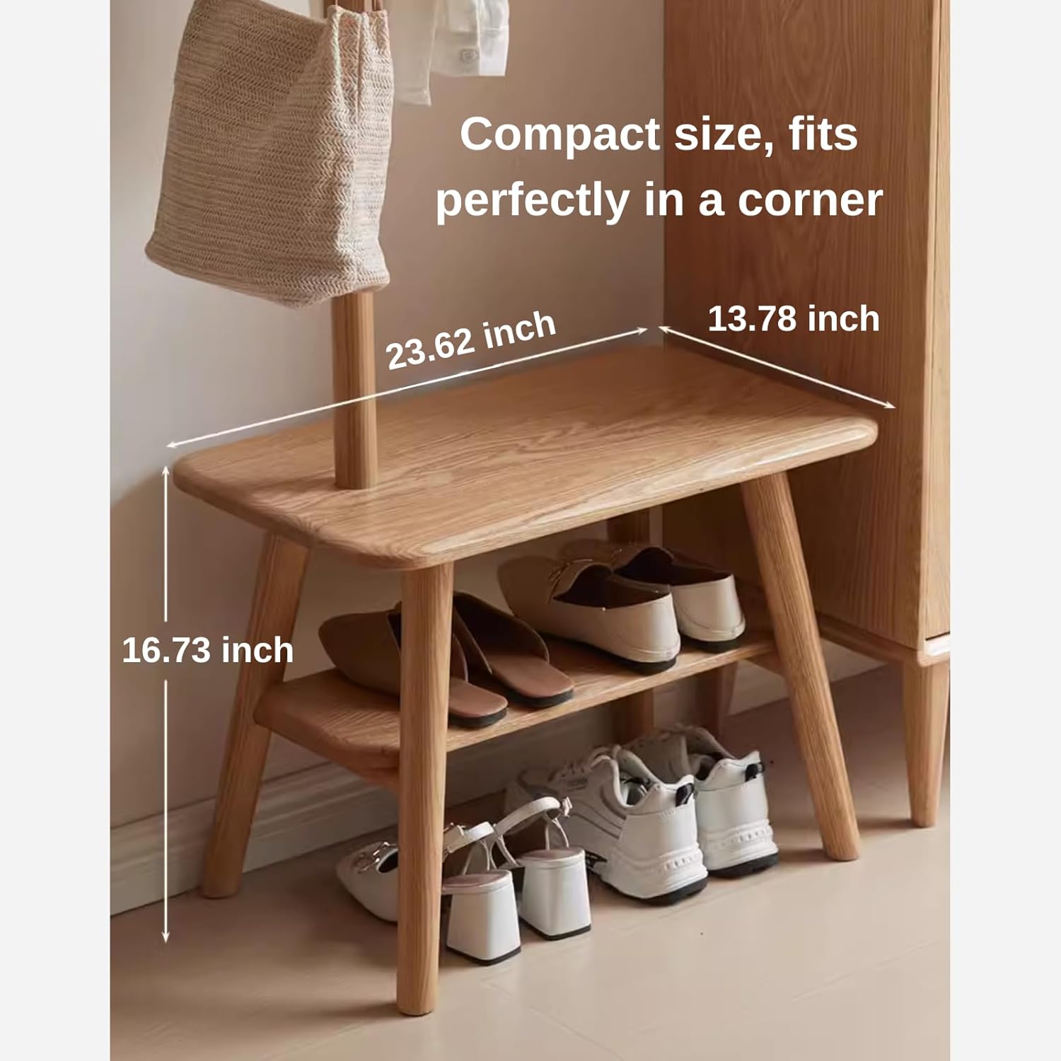 Árbol de pasillo 100% roble sólido, perchero para zapatos, pequeño árbol de entrada con banco para sala de estar, dormitorio (31.49 pulgadas,