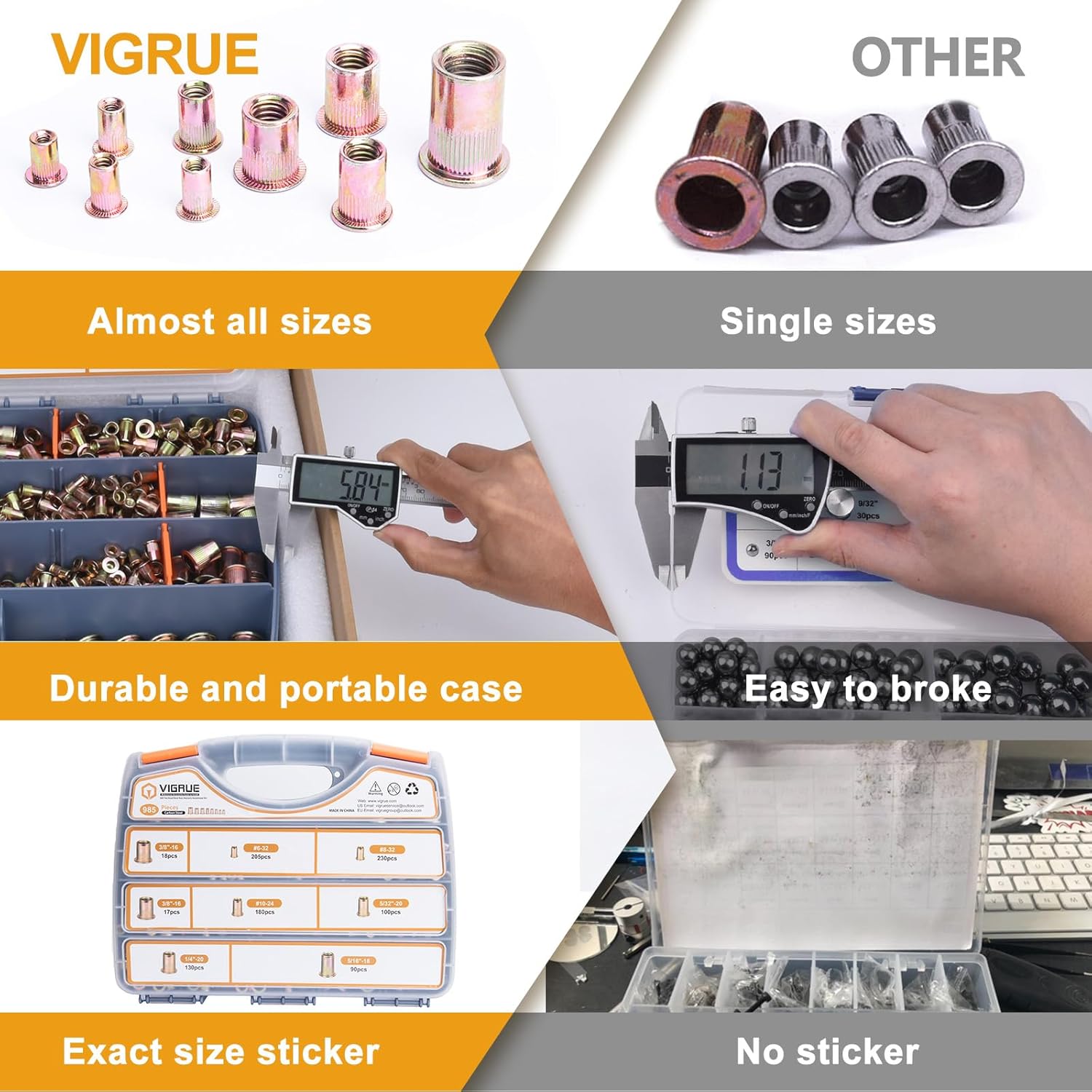 VIGRUE 985PCS SAE Kit surtido de tuercas remachadoras con estuche portátil Surtido Nutserts Rivnuts #6-32, 8-32, 10-24, 532-20, 14″-20, 516″-18,