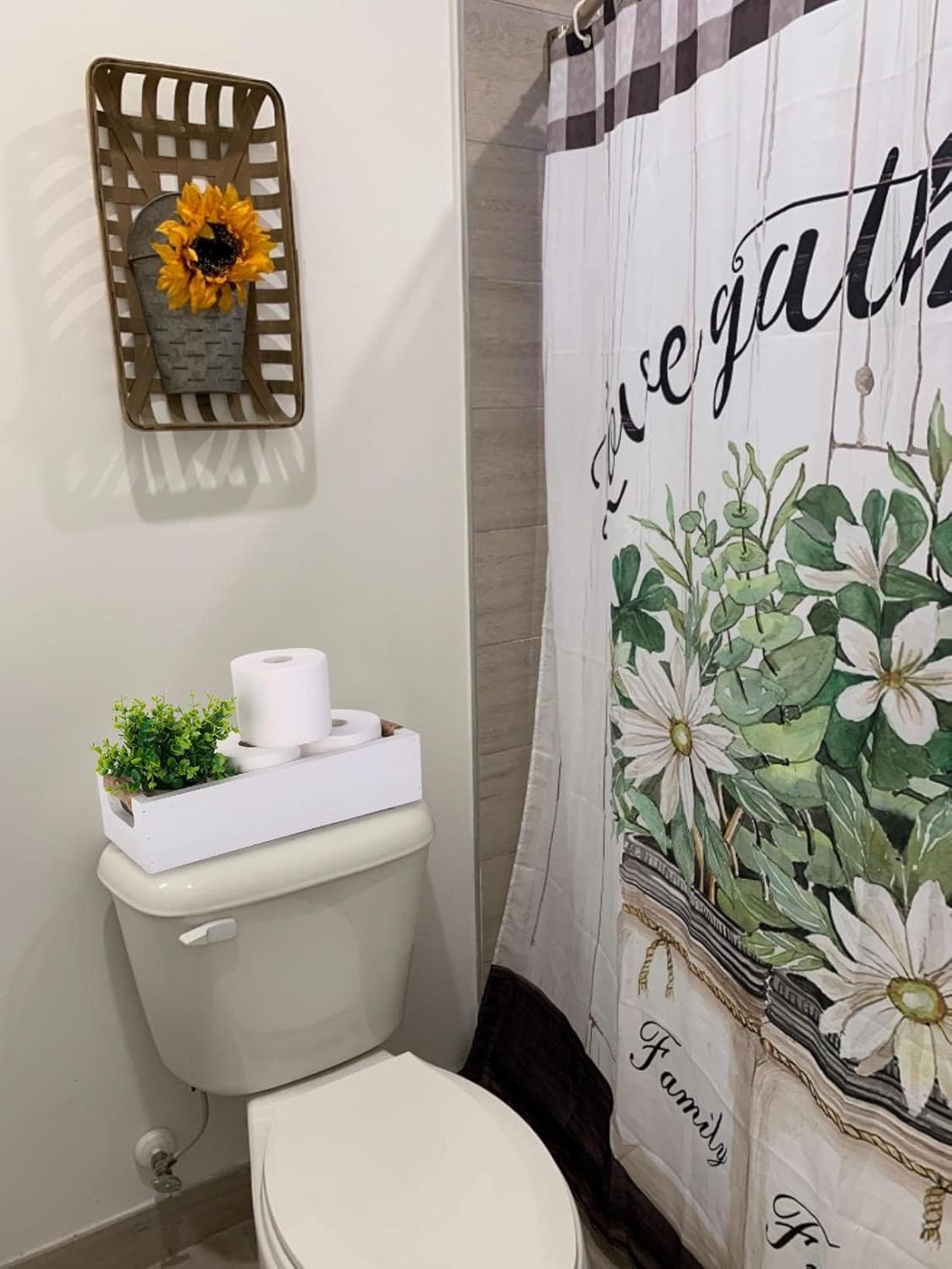 Caja de decoración de baño, cesta organizadora de papel higiénico con divertido letrero de doble cara y flores artificiales, juego de 3 bandejas de