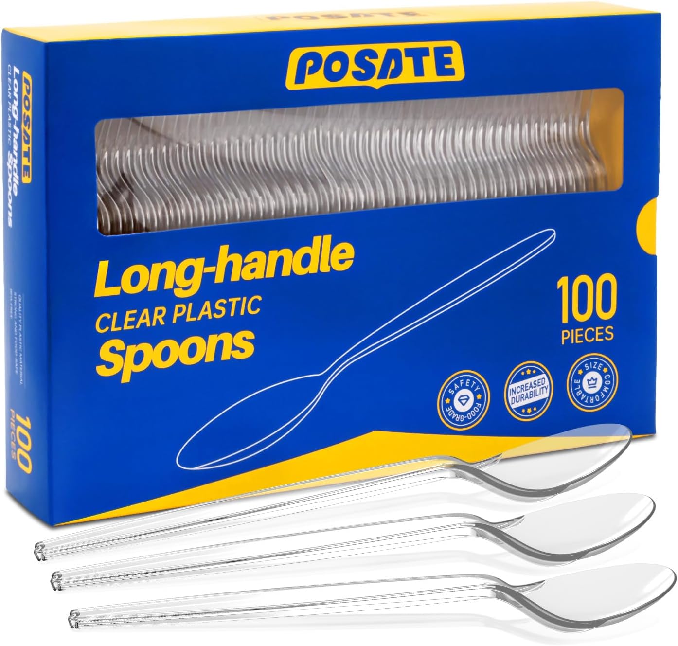 POSATE Cucharas de plástico desechables extralargas de 7.1 pulgadas (100 unidades), tamaño grande para adultos, plástico resistente de grado