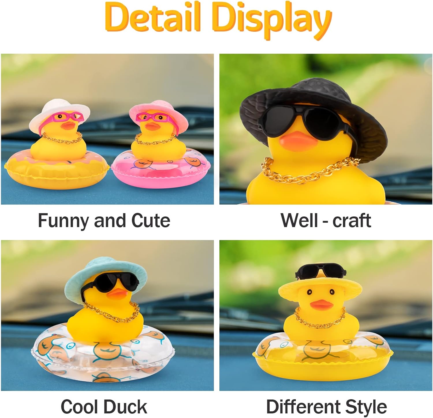 wonuu Car Duck – 4 adornos de pato de goma para automóvil, decoración de tablero de automóvil con mini sombrero, anillo de natación, collar, lentes