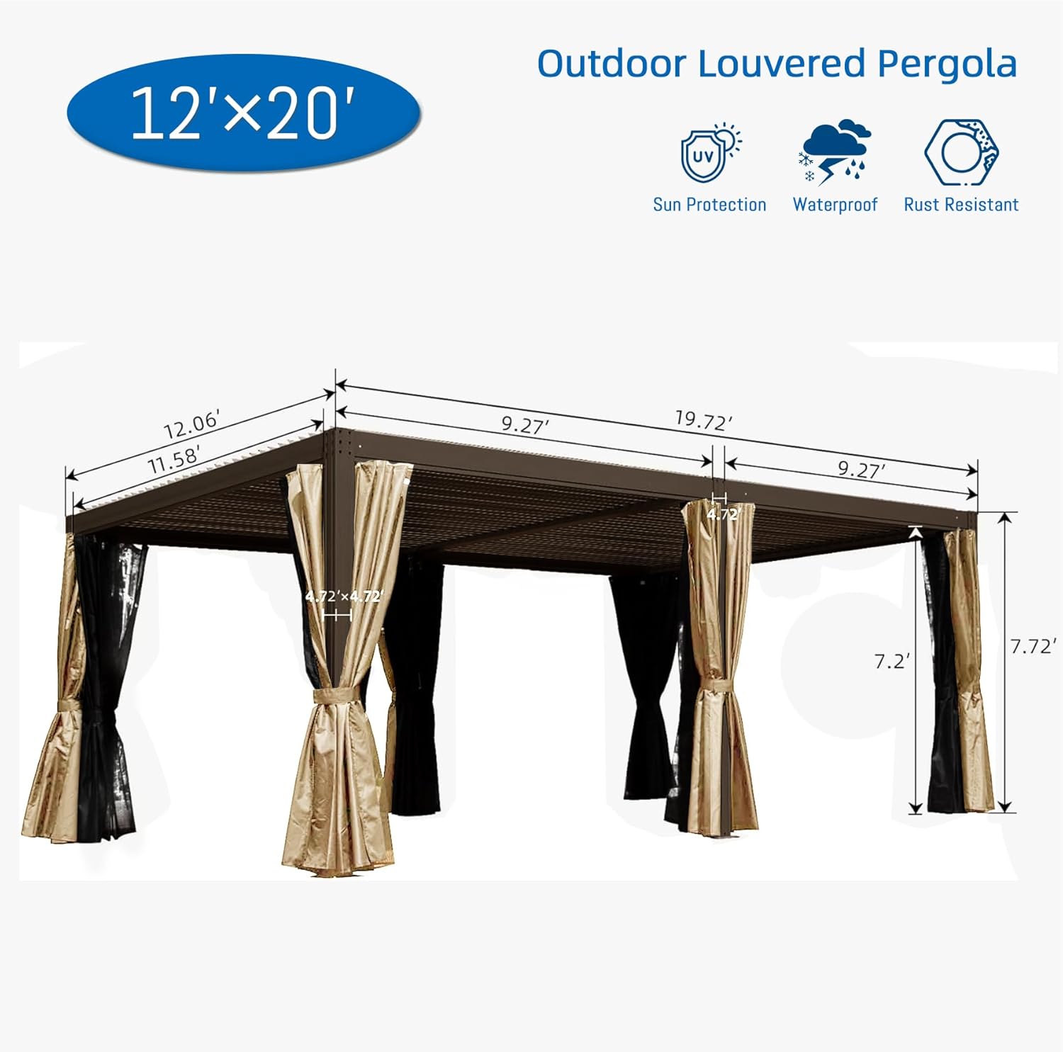 Domi Outdoor Living Gazebo de aluminio con listones para exteriores, 12 x 20 pies, con techo ajustable para patio trasero, jardín con cortinas y red