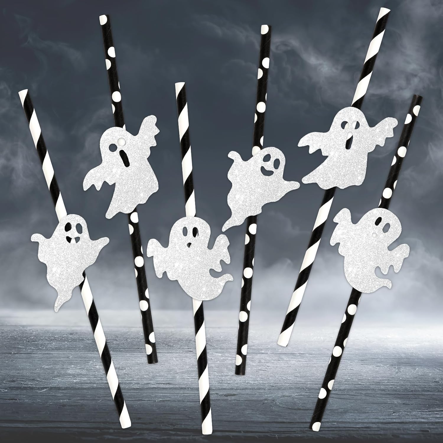 Whaline 60 popotes de papel de fantasma de Halloween, con brillantina, fantasma, desechables, con patrón de puntos negros y blancos, pajitas de