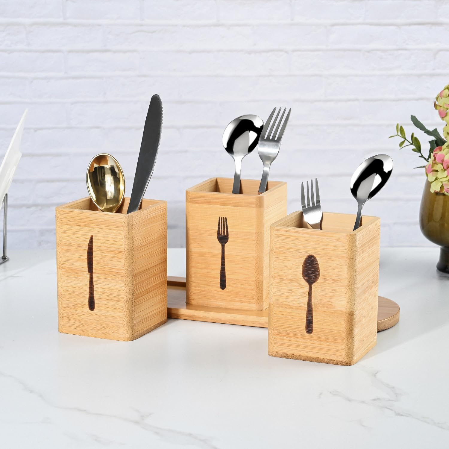 GEHE Silverware Caddy for Countertop, Natural Bamboo Utensil Caddy for Parties, Utensil Holder with 3 Compartment, Silverware Organizer Storage