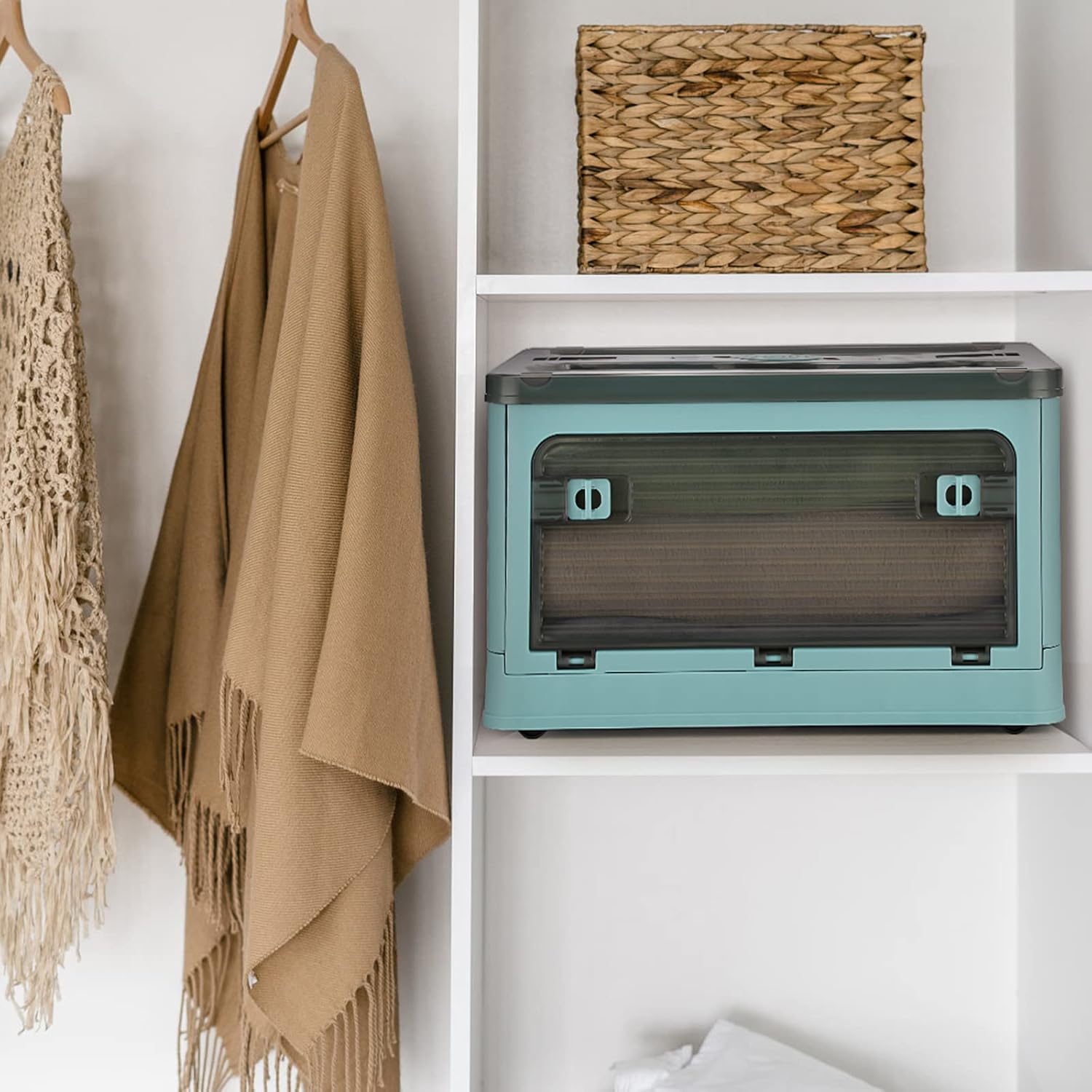 BTSKY Paquete de 2 contenedores plegables de plástico transparente de 4 puertas con tapa y ruedas de 20 litros, caja de almacenamiento plegable