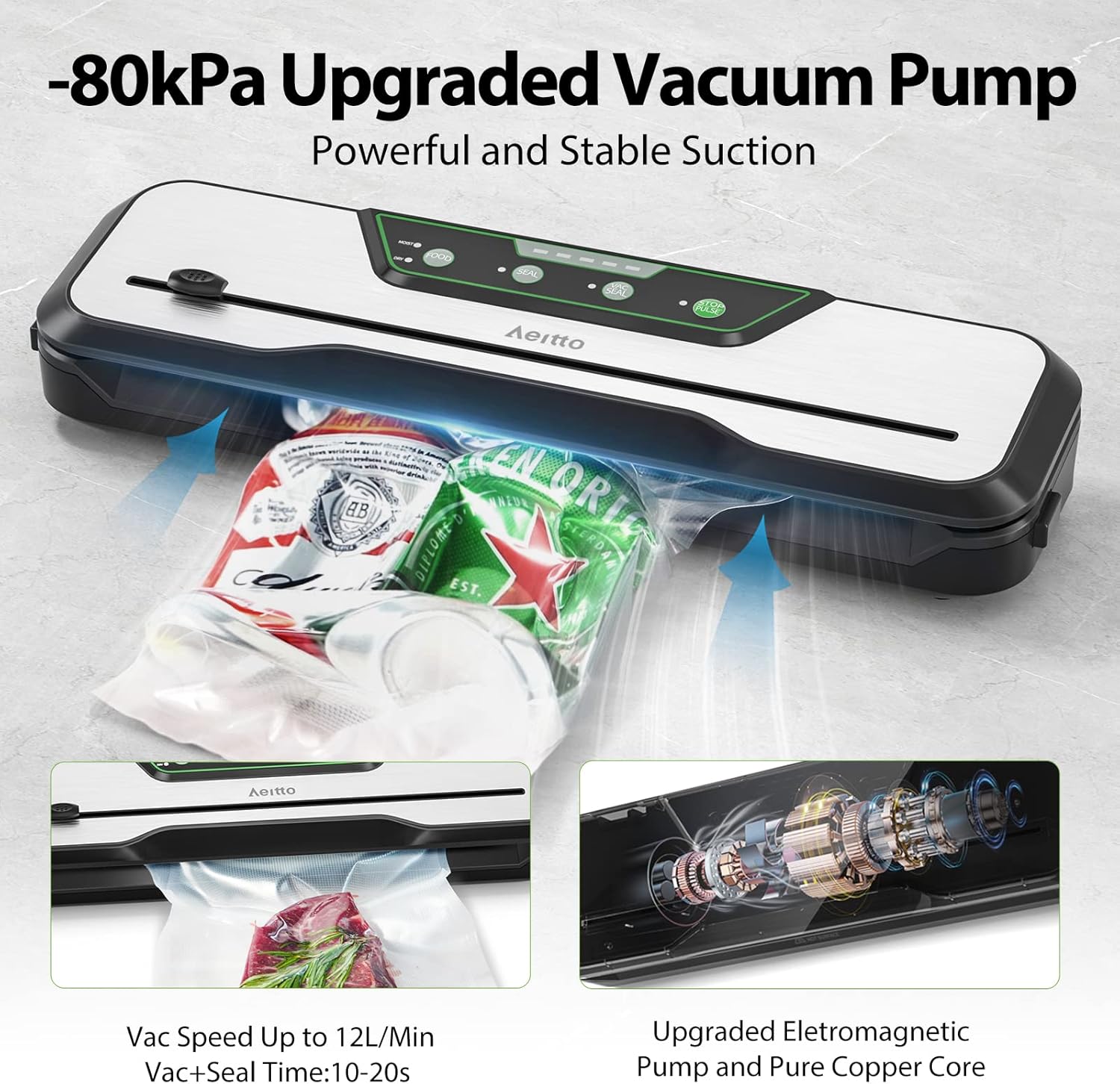 Máquina automática selladora al vacío de alimentos  Aeitto 80KPa 8 en 1 ahorrador de vacío de alimentos con kits de inicio  15 bolsas, función de