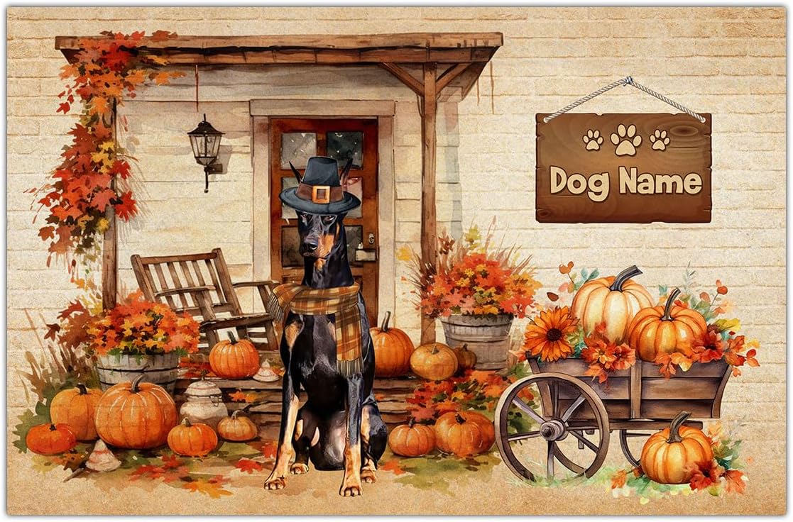 Tapete personalizado para puerta de perro de Acción de Gracias, Doberman Pinscher, tapete de otoño antideslizante, divertido tapete de entrada de
