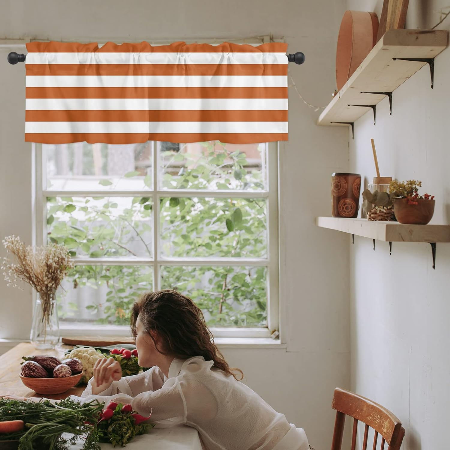 Artwork Store Curtain Valance for Window Kitchen Decor, White Orange Stripes 54″ x 18″ Window Treatment Curtains Topper Rod Pocket Valances for