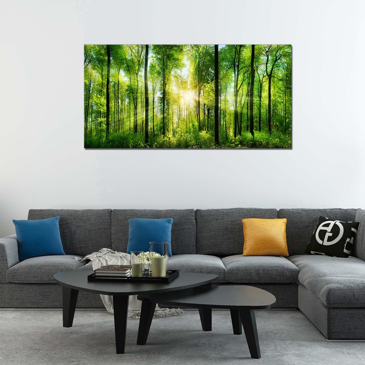 Lienzo impreso para pared, decoración del hogar, amanecer por la mañana, árboles verdes, paisaje, sol sobre bosque, imagen realismo, rústico,