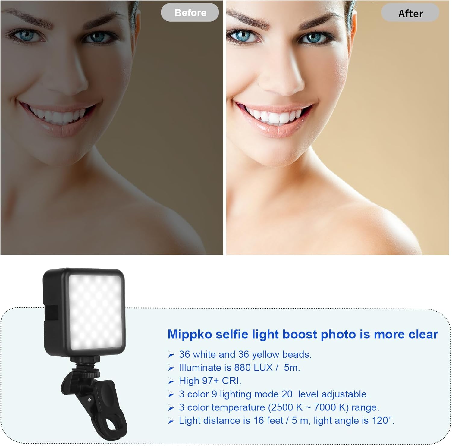 Luz selfie con trípode y clip para iPhoneiPadcomputadora portátilcomputadorateléfono inteligente Android, 5,905.5 ft Ah USB recargable 9 modos de
