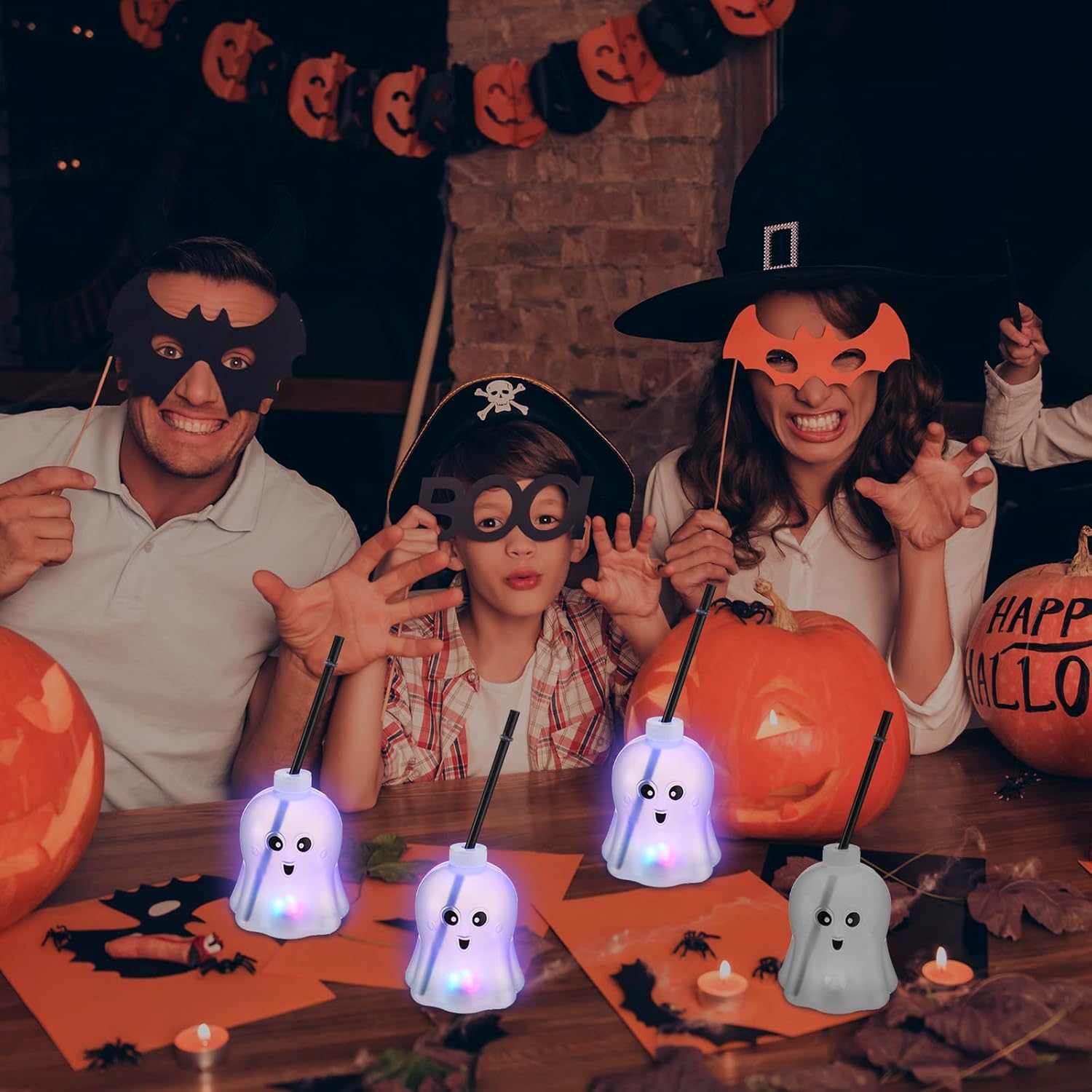Zubebe 6 tazas con forma de fantasma de Halloween que brillan en la oscuridad con tapa de pajilla, 3 modos de luz coloridos, reutilizables,