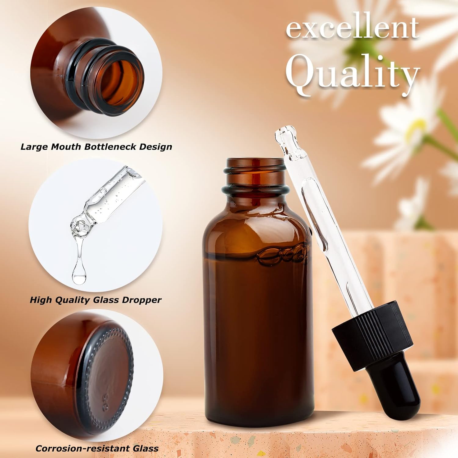 4 botellas con cuentagotas de vidrio ámbar de 1 oz+2 onzas, botellas de tintura con cuentagotas, botellas de aceites esenciales a prueba de fugas,