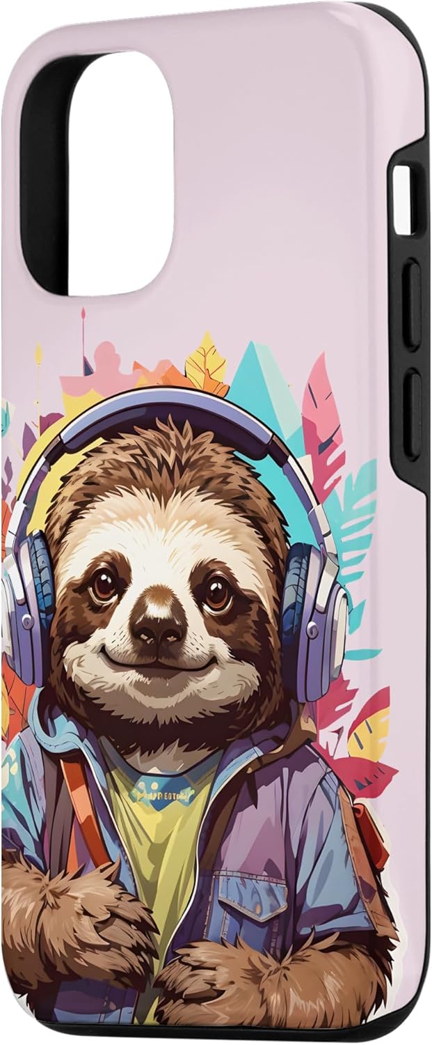 Carcasa divertida para iPhone 13 Pro Sloth Listening To Music para amantes de los perezosos