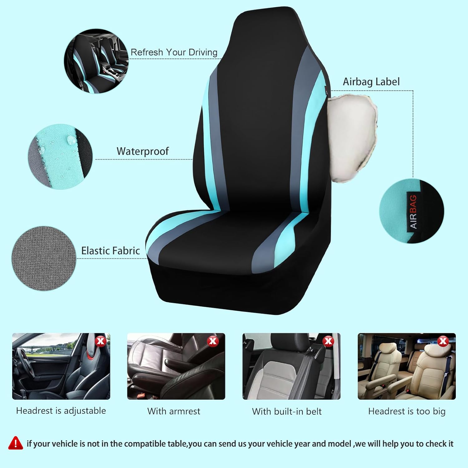 CAR PASS AquaShield – Fundas de asiento de automóvil impermeables de neopreno solo para asientos delanteros, fundas de asiento de cubo de respaldo