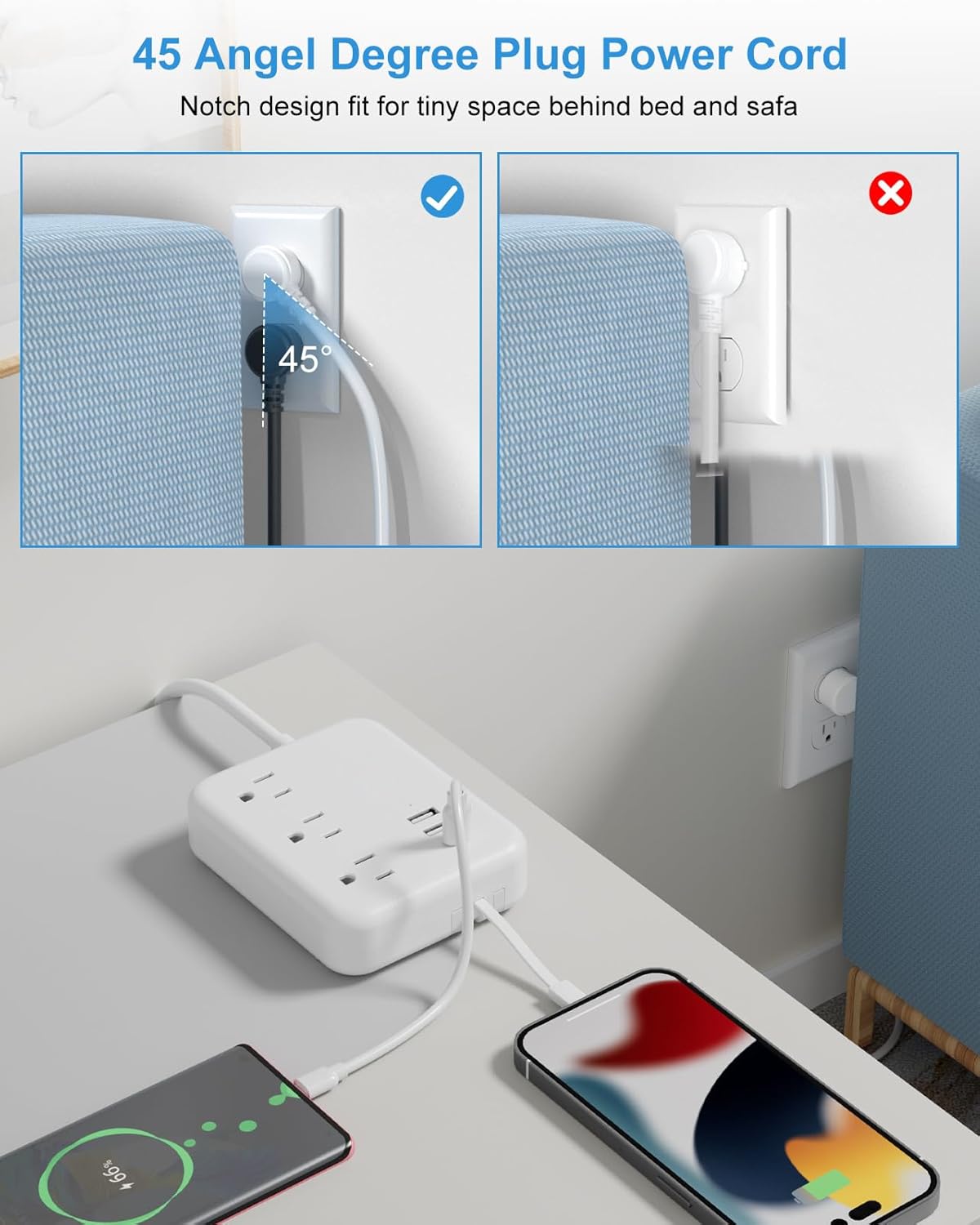 Regleta de alimentación de viaje con puertos USB, 3 cables integrados, cable de extensión de enchufe plano, 3 tomacorrientes, 6 USB con cable de