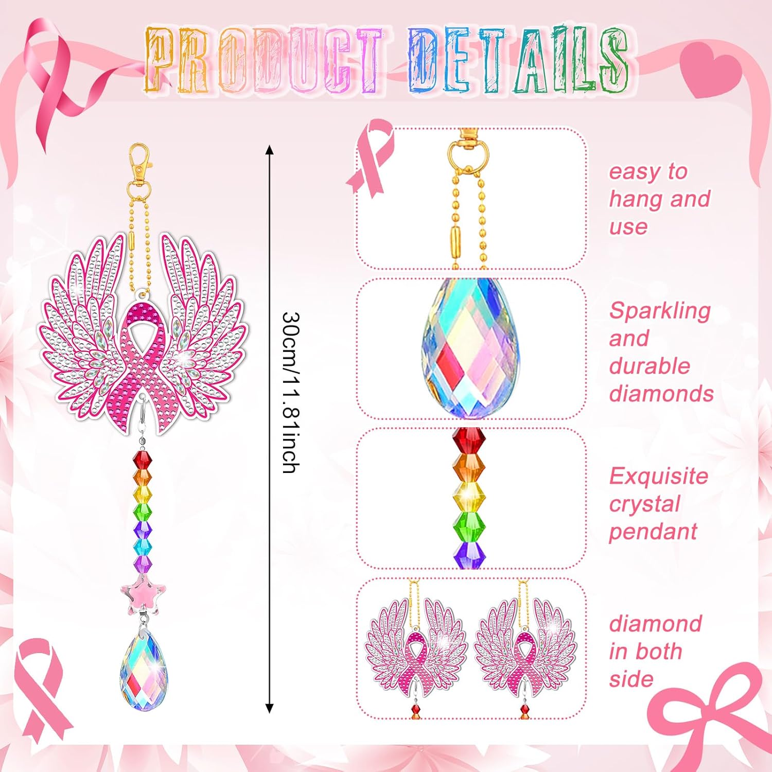 Tradder Juego de 6 piezas de pintura artística de diamante, campanillas de viento, concienciación sobre el cáncer de mama, kit de pintura de arte de