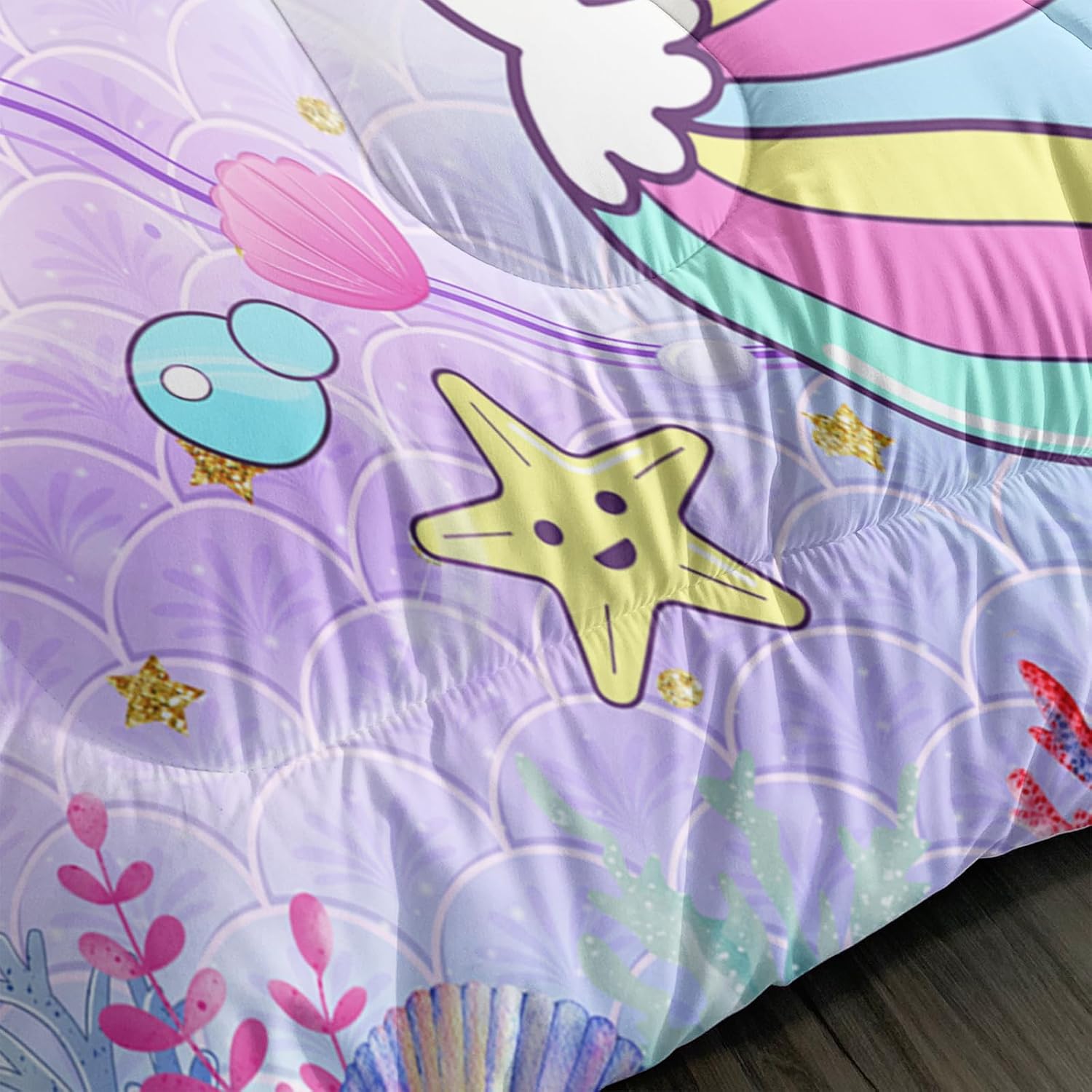 Edredón de unicornio de sirena, tamaño individual, juego de edredón de unicornio para niños, juego de ropa de cama de 3 piezas, edredón impreso con