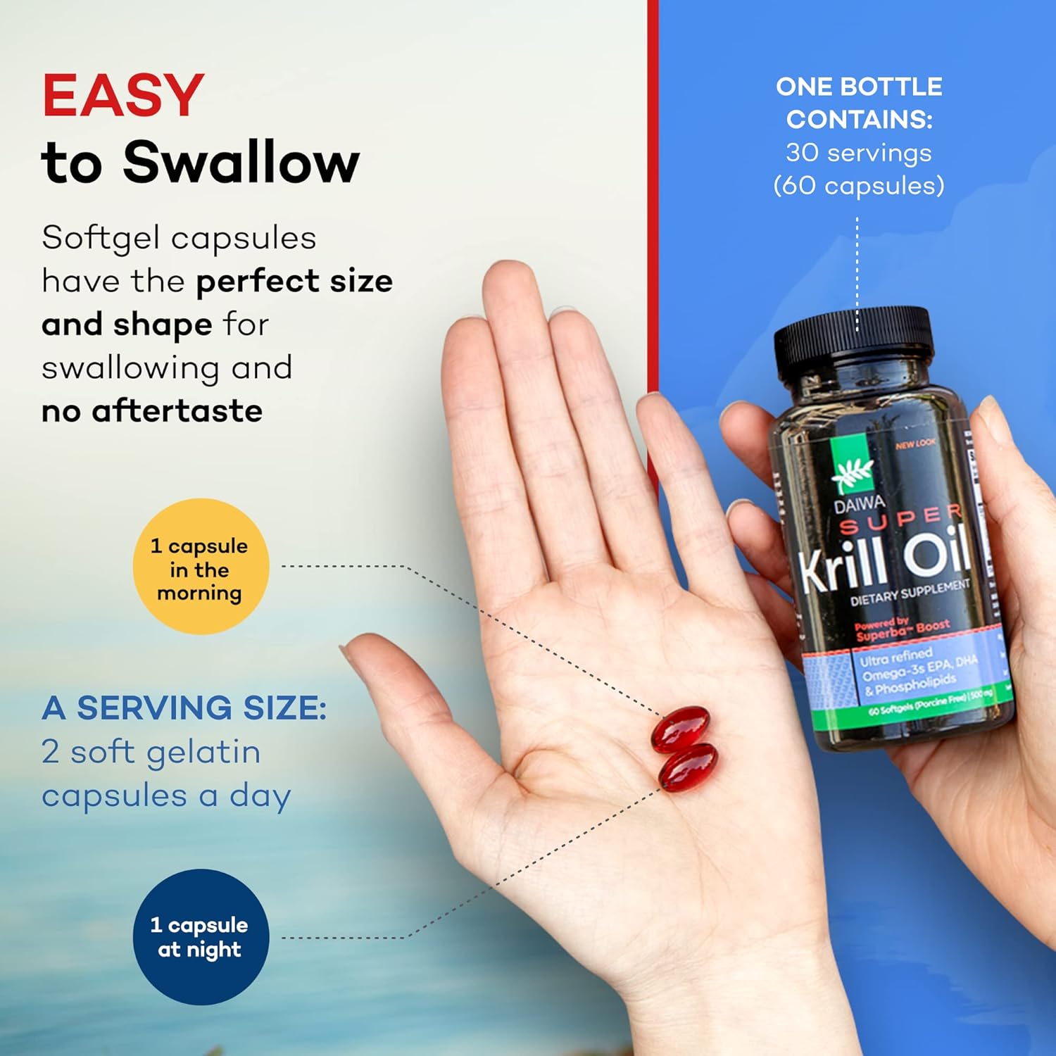Daiwa Super Krill Oil 1000mg cápsulas blandas con Superba Boost – Suplemento EPA DHA Omega 3 6 9 con astaxantina para la salud de las