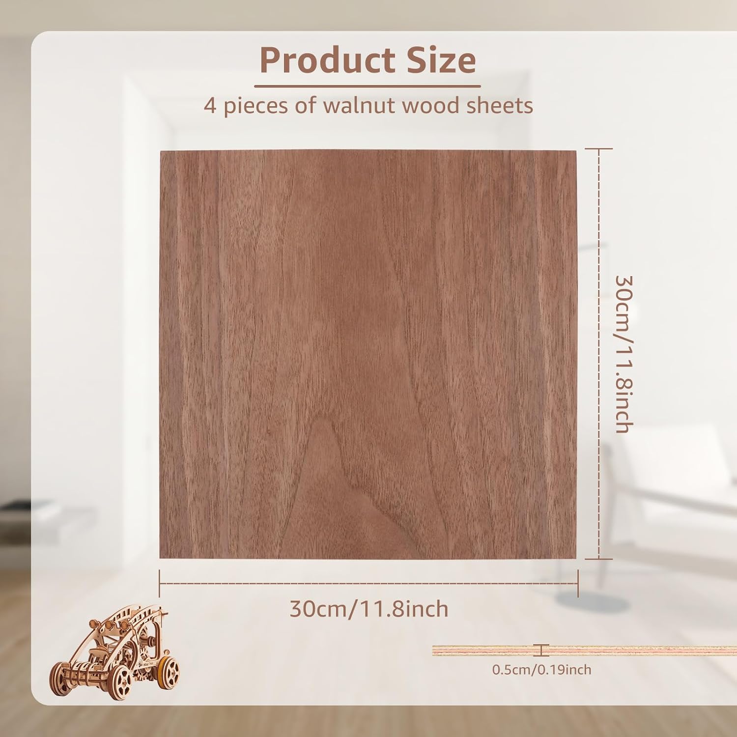 Paquete de 4 contrachapados de nogal de 12 x 12 pulgadas, madera de nogal de 15 pulgadas para manualidades, madera contrachapada de 0.197 in de