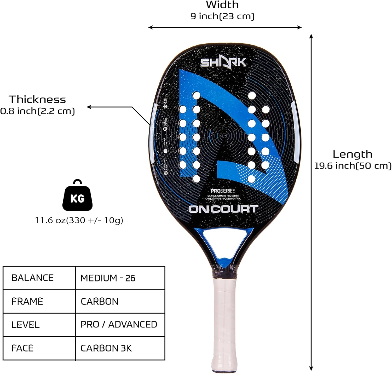 Shark On Court – Raqueta profesional de tenis de playa  Marco de carbono, cara de fibra de vidrio, grosor de 0.866 in  Nivel intermedio  Giro,
