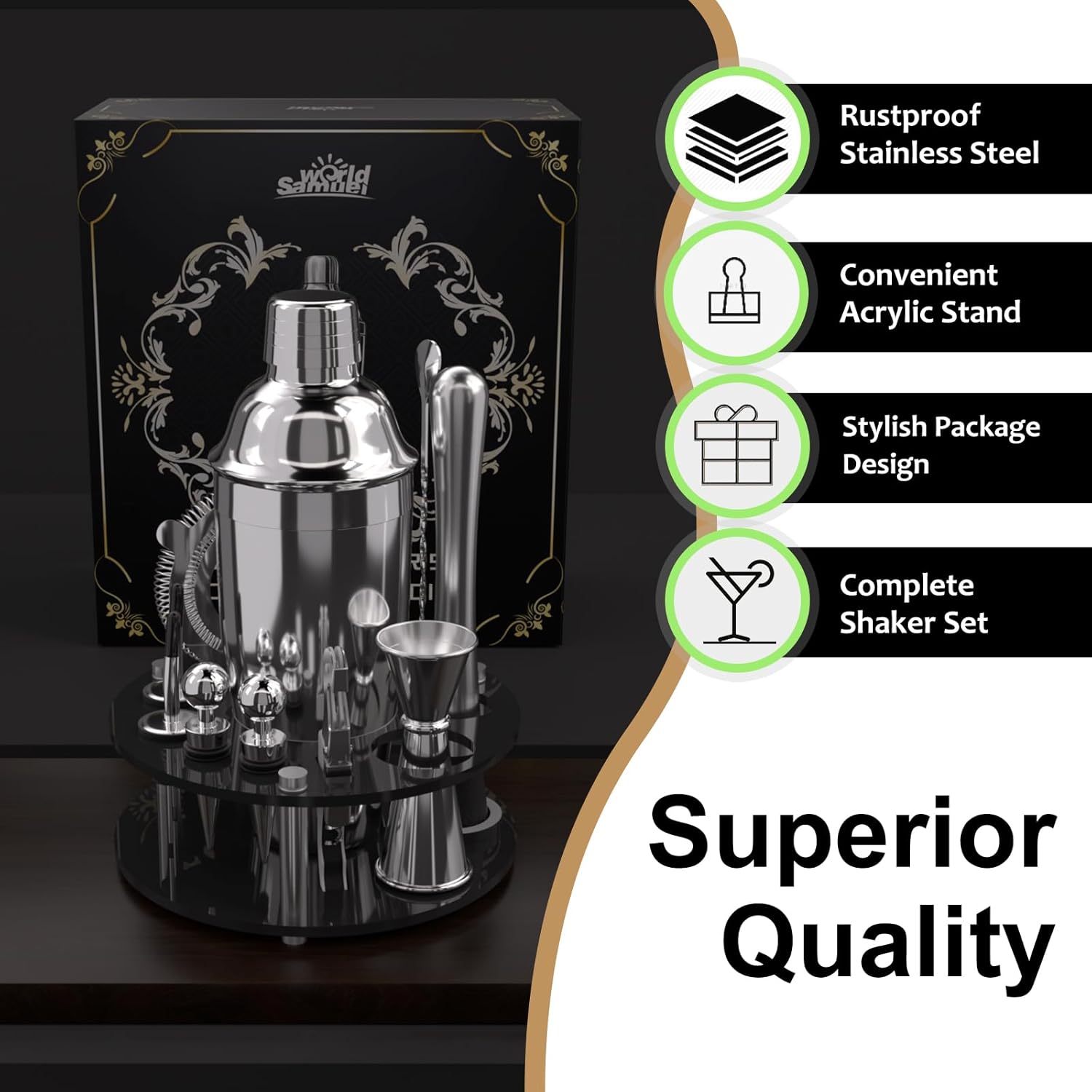 SamuelWorld Juego de coctelera con soporte 14 piezas de acero inoxidable, accesorios perfectos para barman para el hogar y el barman profesional,