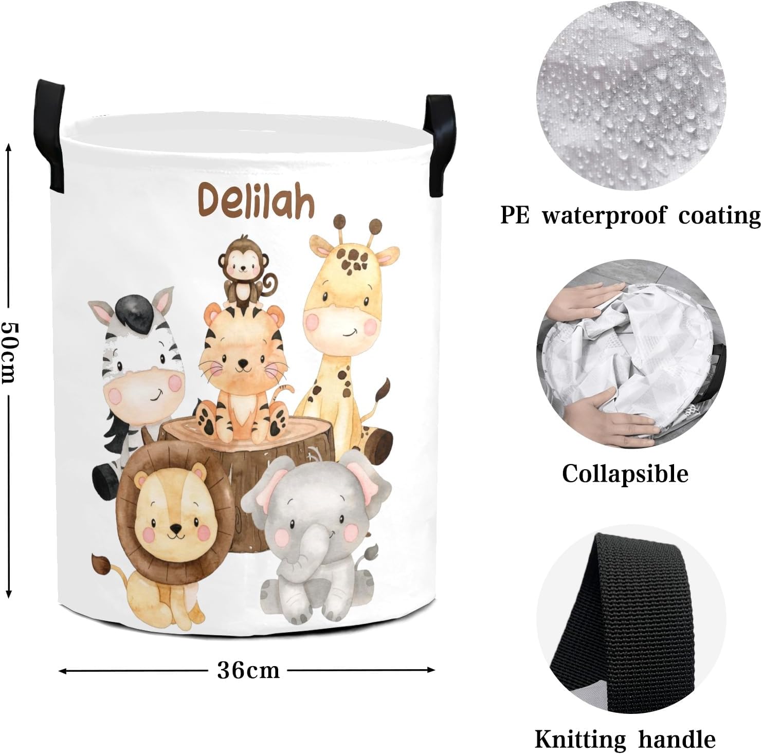 Safari Jungle Animals – Cesta de lavandería personalizada con asa impermeable, cesta plegable personalizada para niños y niñas, dormitorio de